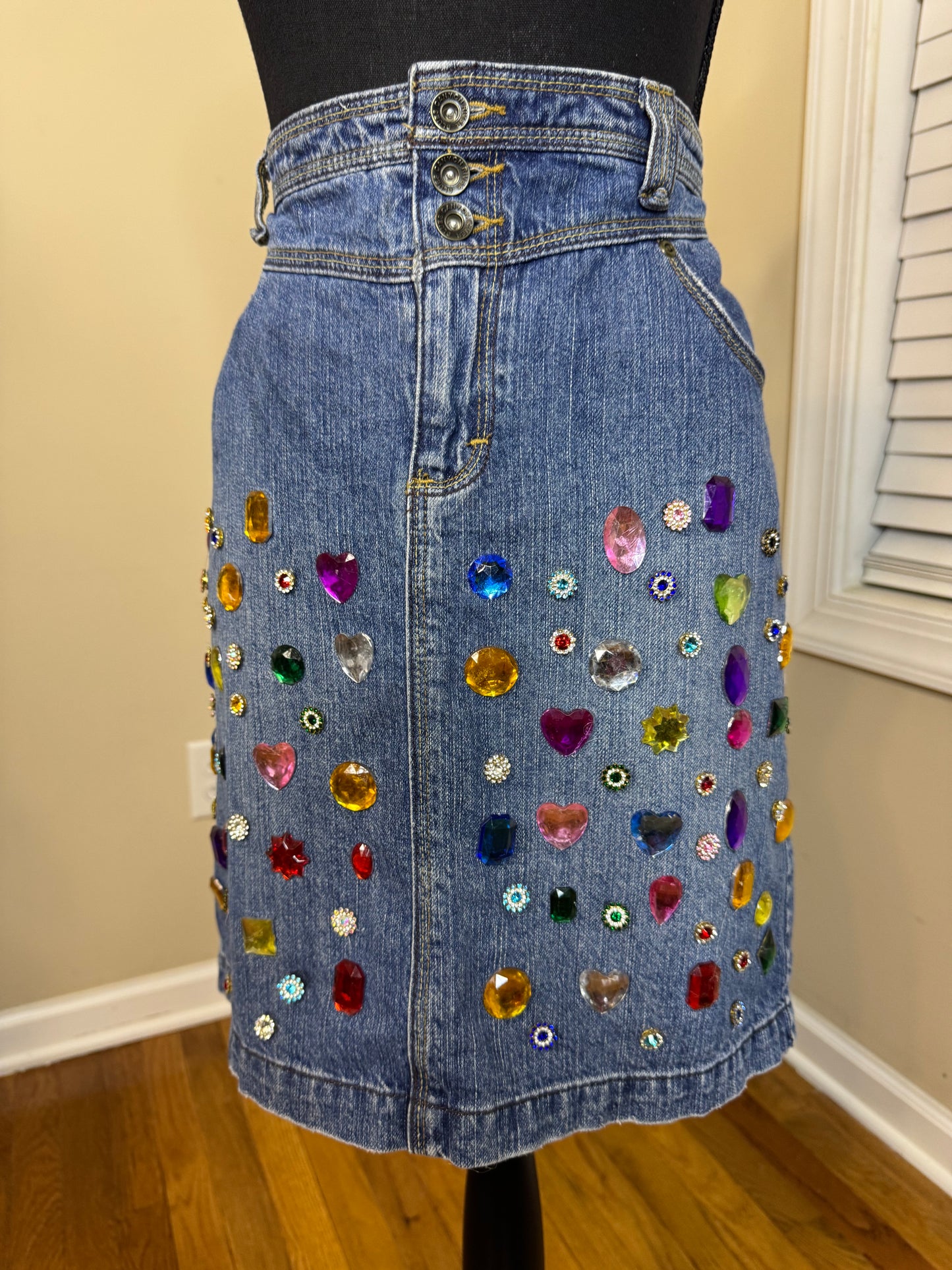 Canyon River Blues Upcycled Bejeweled Denim Skirt