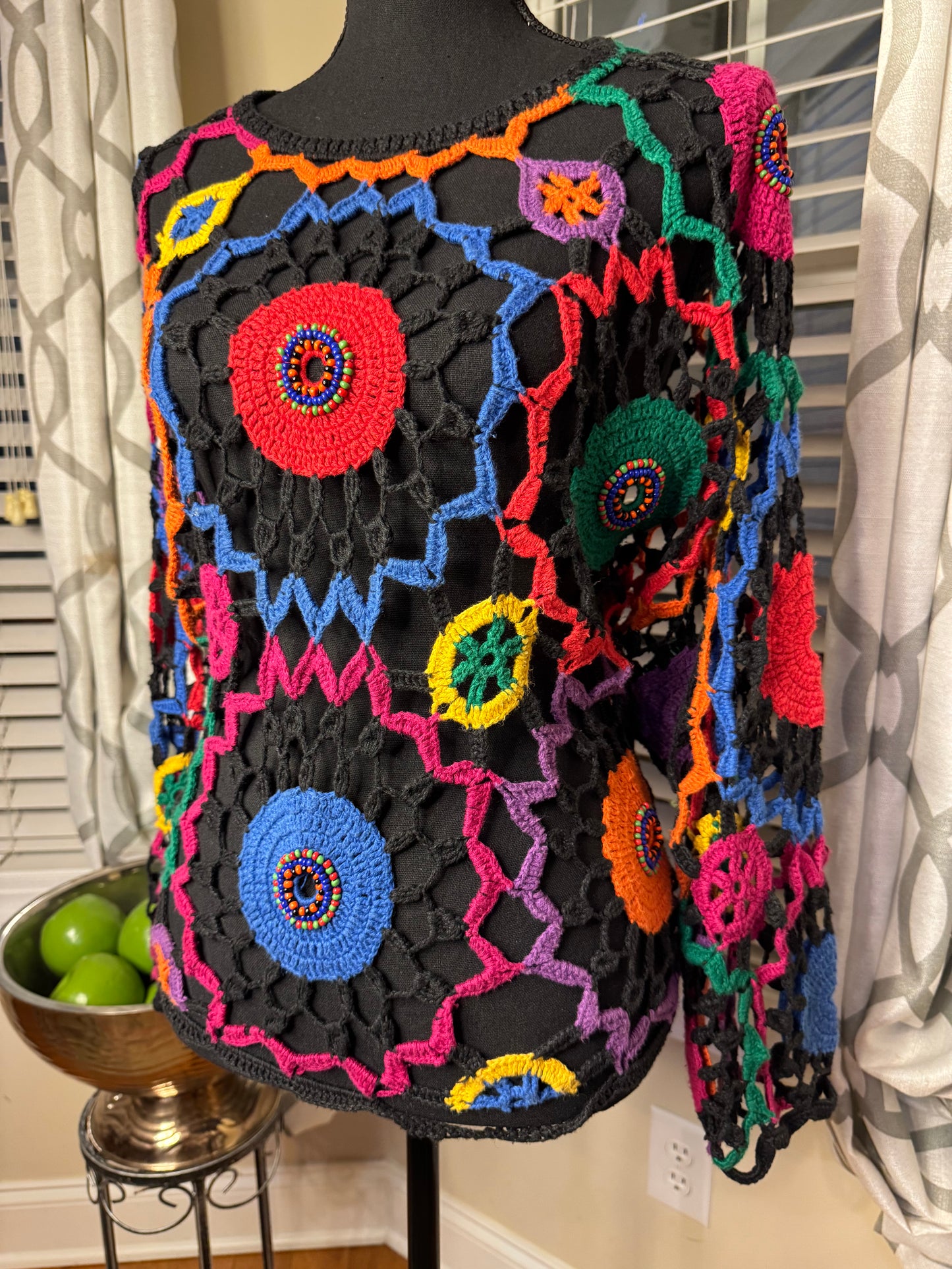 Vtg MY Beaded and Crochet Boho Sweater