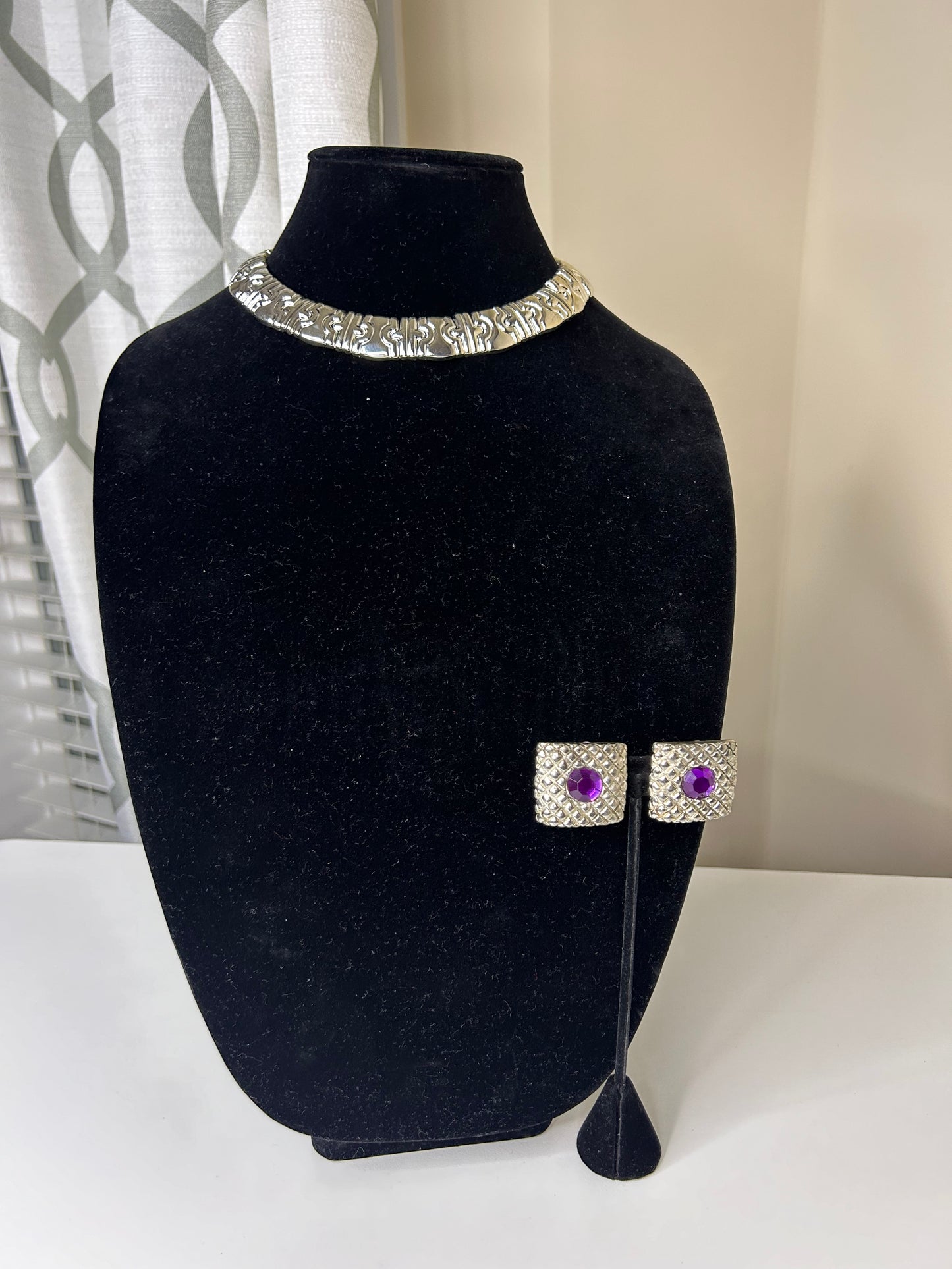 Silver Tone Necklace with Vintage Purple Bejeweled Clip-Ons