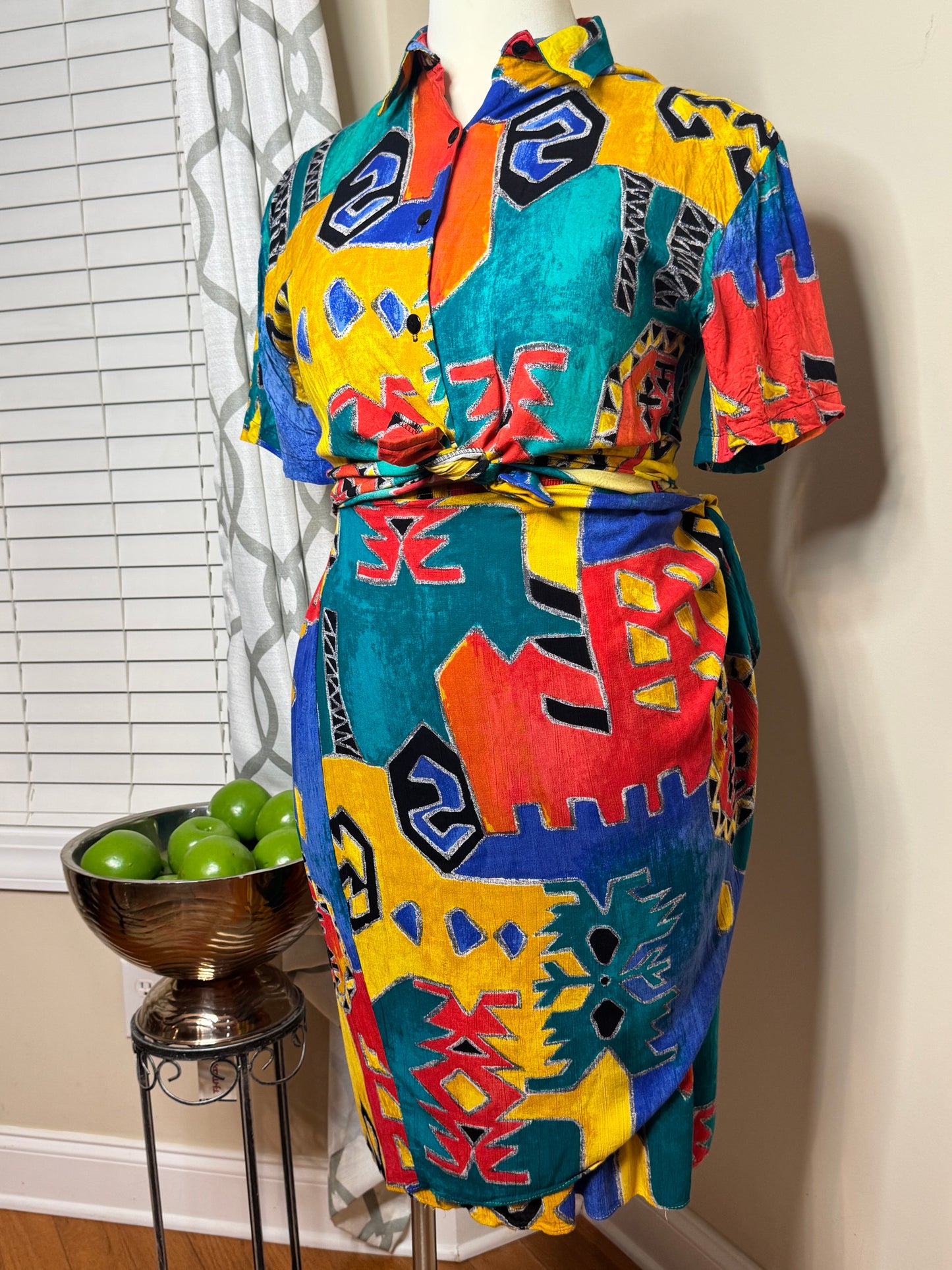Vtg 2-Piece Abstract Print Faux Wrap Skirt Set
