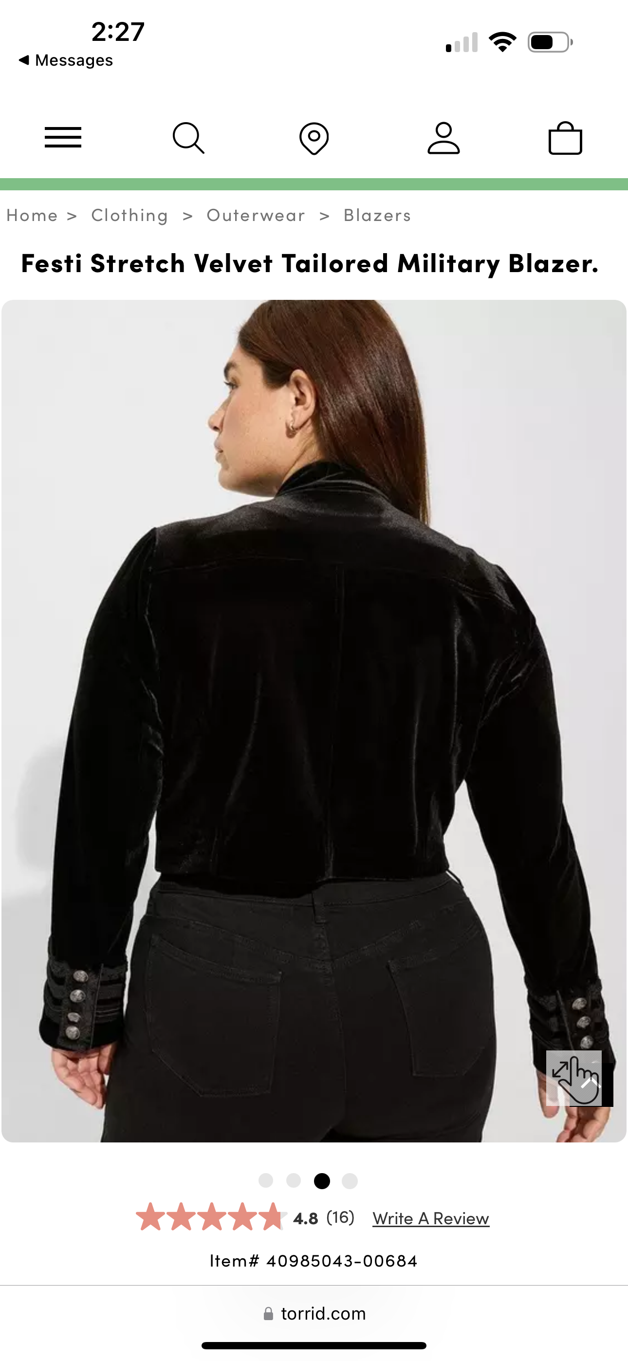 Festi Stretch Velvet Tailored Military Blazer by Torrid