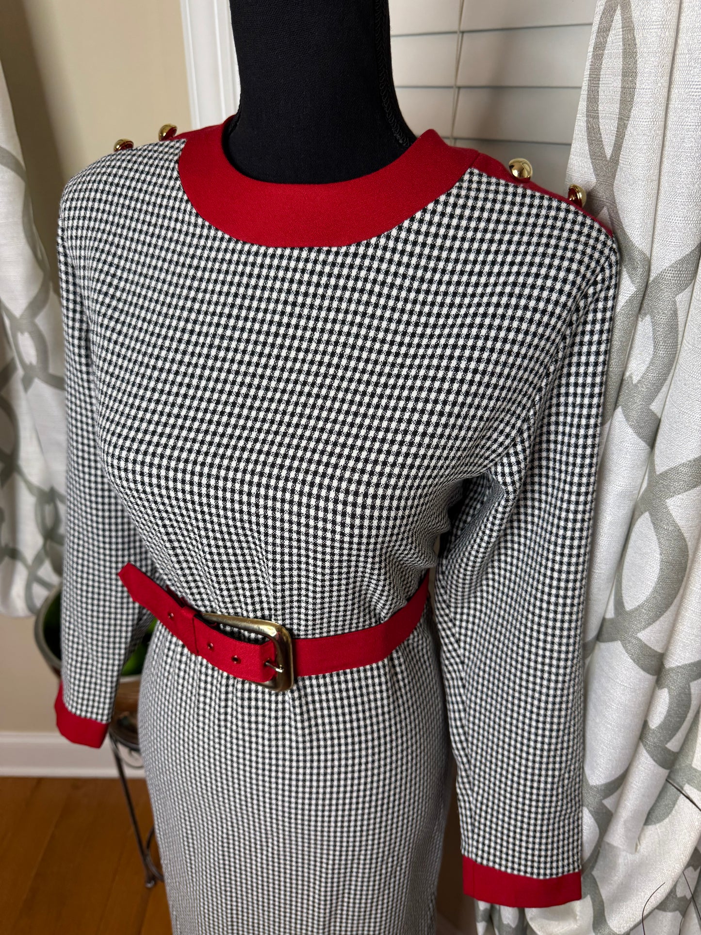 Vintage Houndstooth Belted Dress with Red Adornments and Gold Accent Buttons