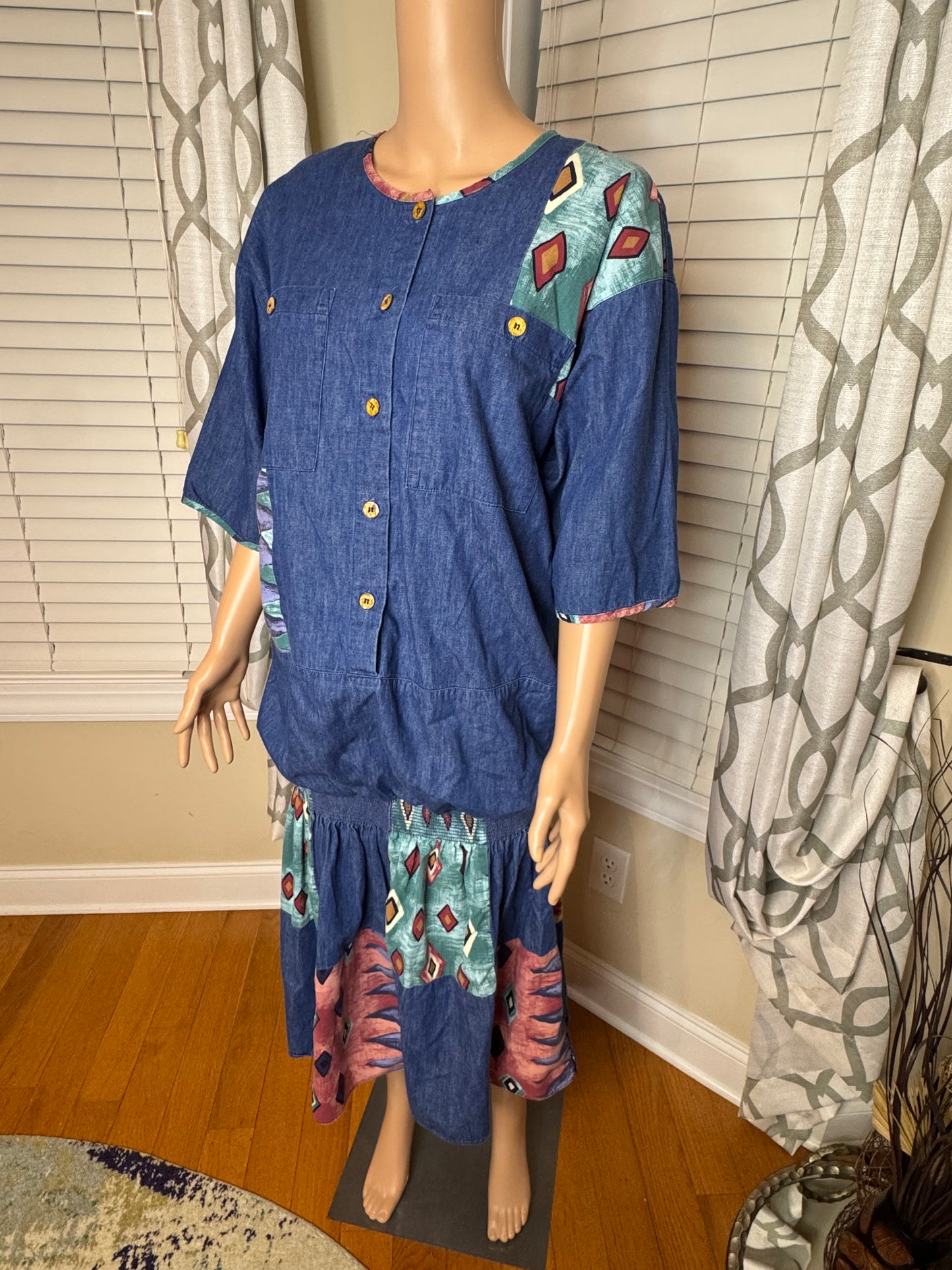 Vintage Vikki of California Denim and Abstract Print Dress