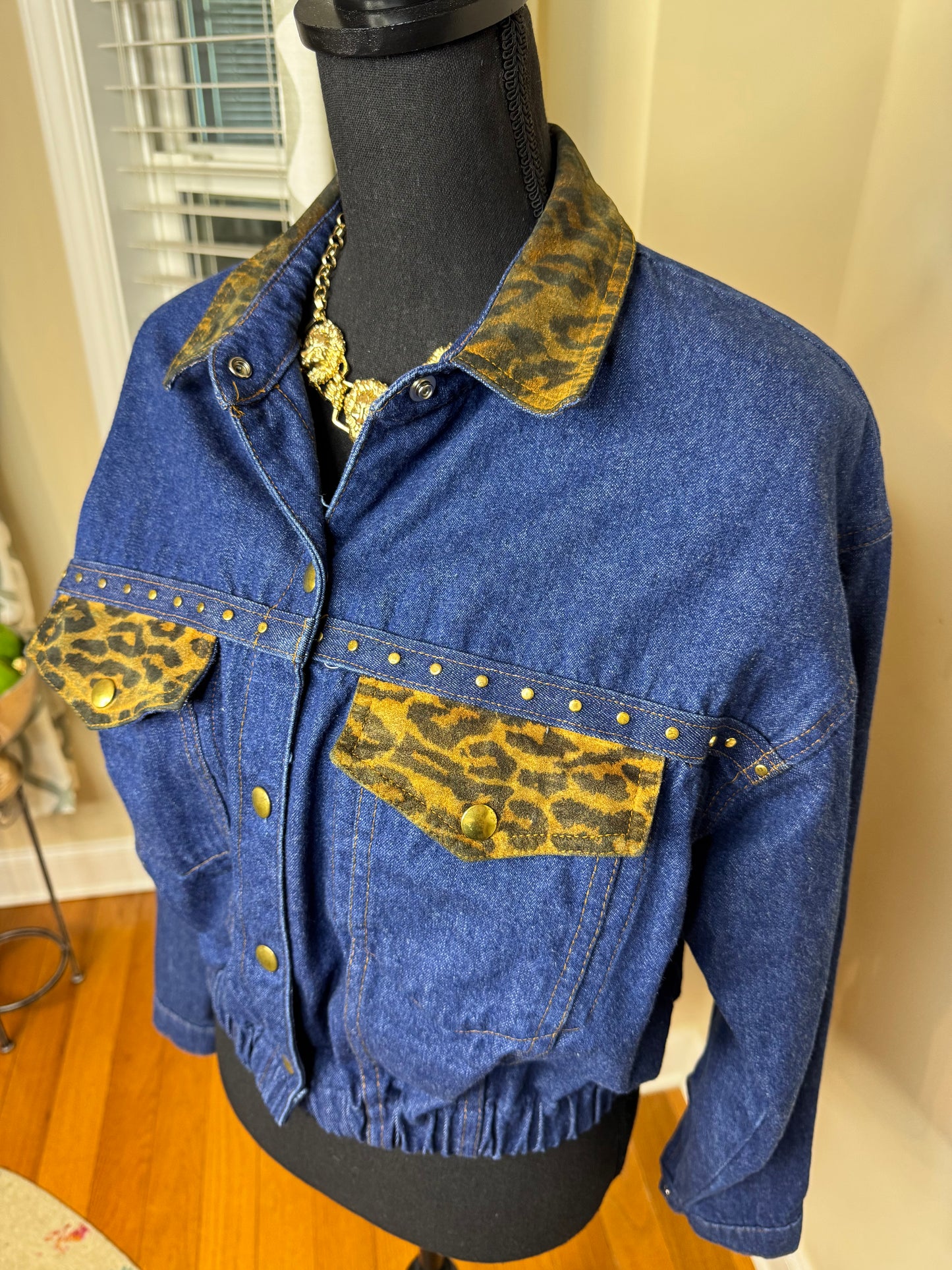 Margaret Godfrey Vtg Denim Jacket with Leopard Print Trim