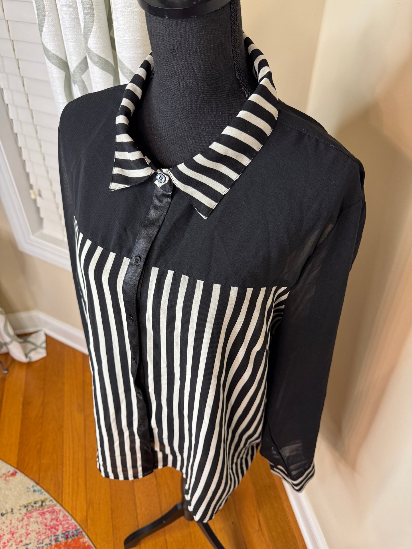 Dizzy Gal Sheer Black and White Striped Blouse