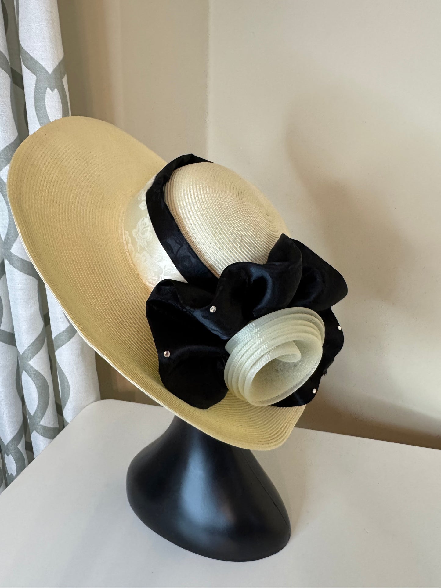 Black and White Rhinestone Trimmed Vintage Hat