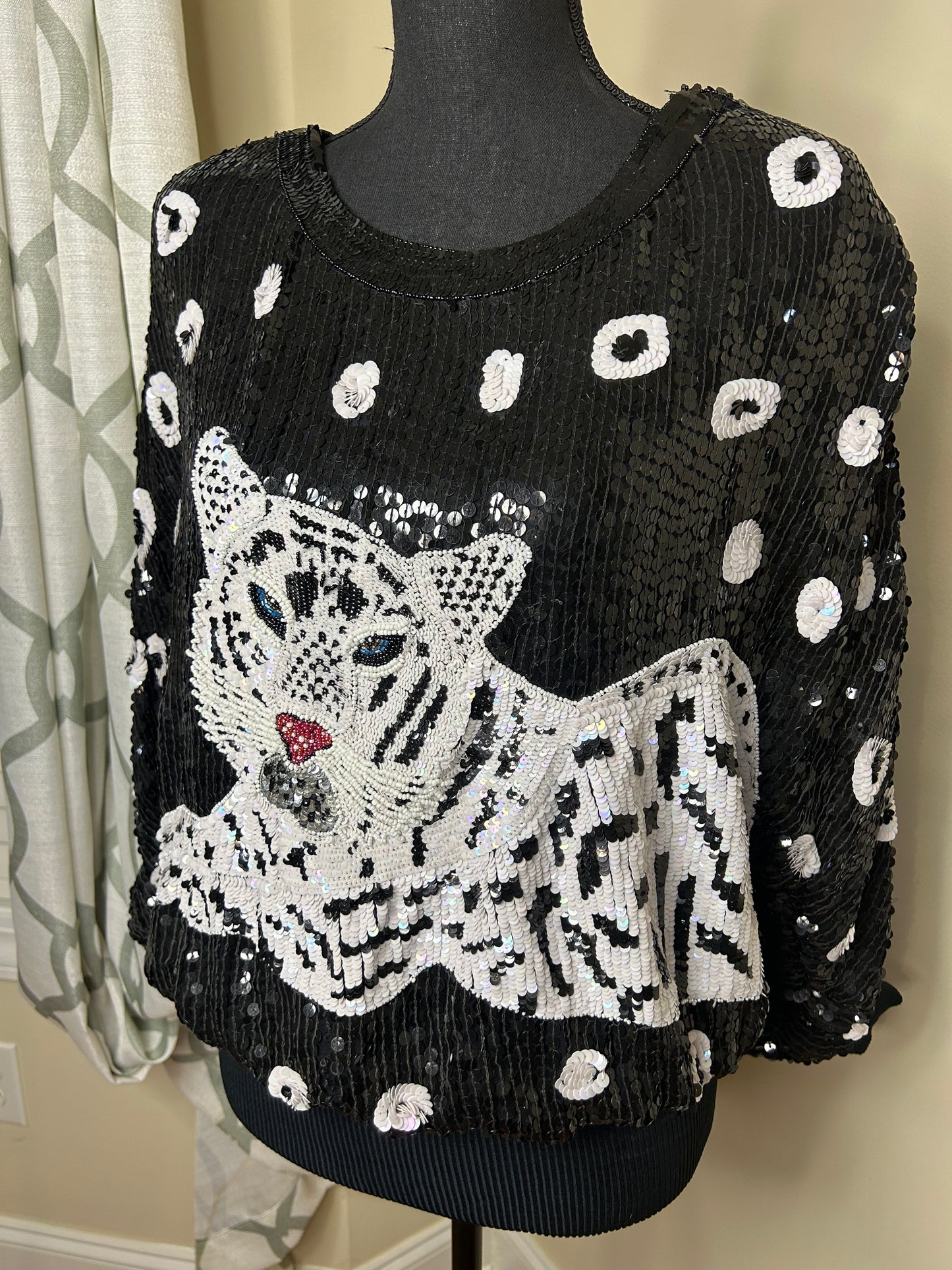 VTG MODI Sequin White Tiger Dolman Sleeve Top NWOT