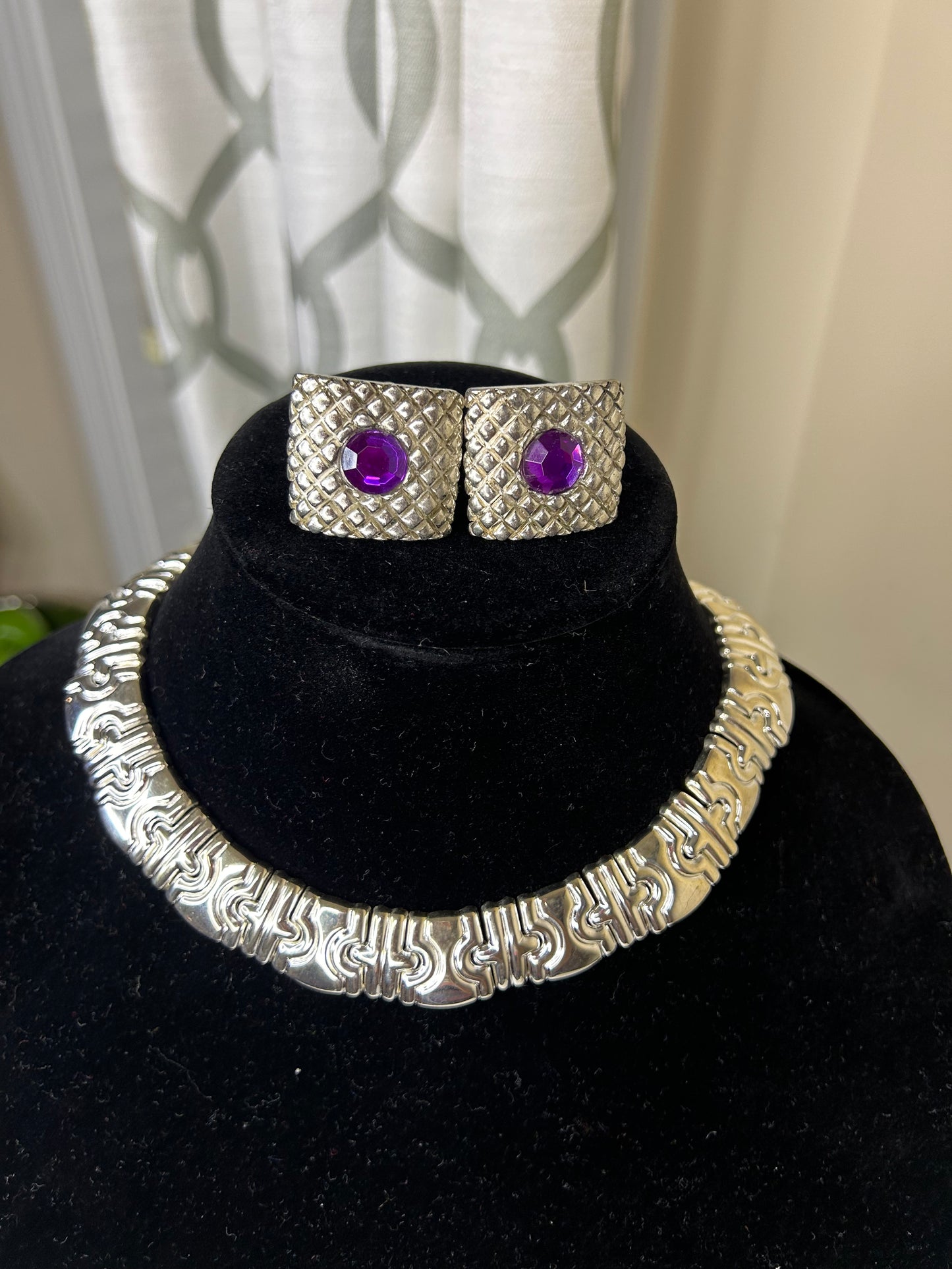 Silver Tone Necklace with Vintage Purple Bejeweled Clip-Ons