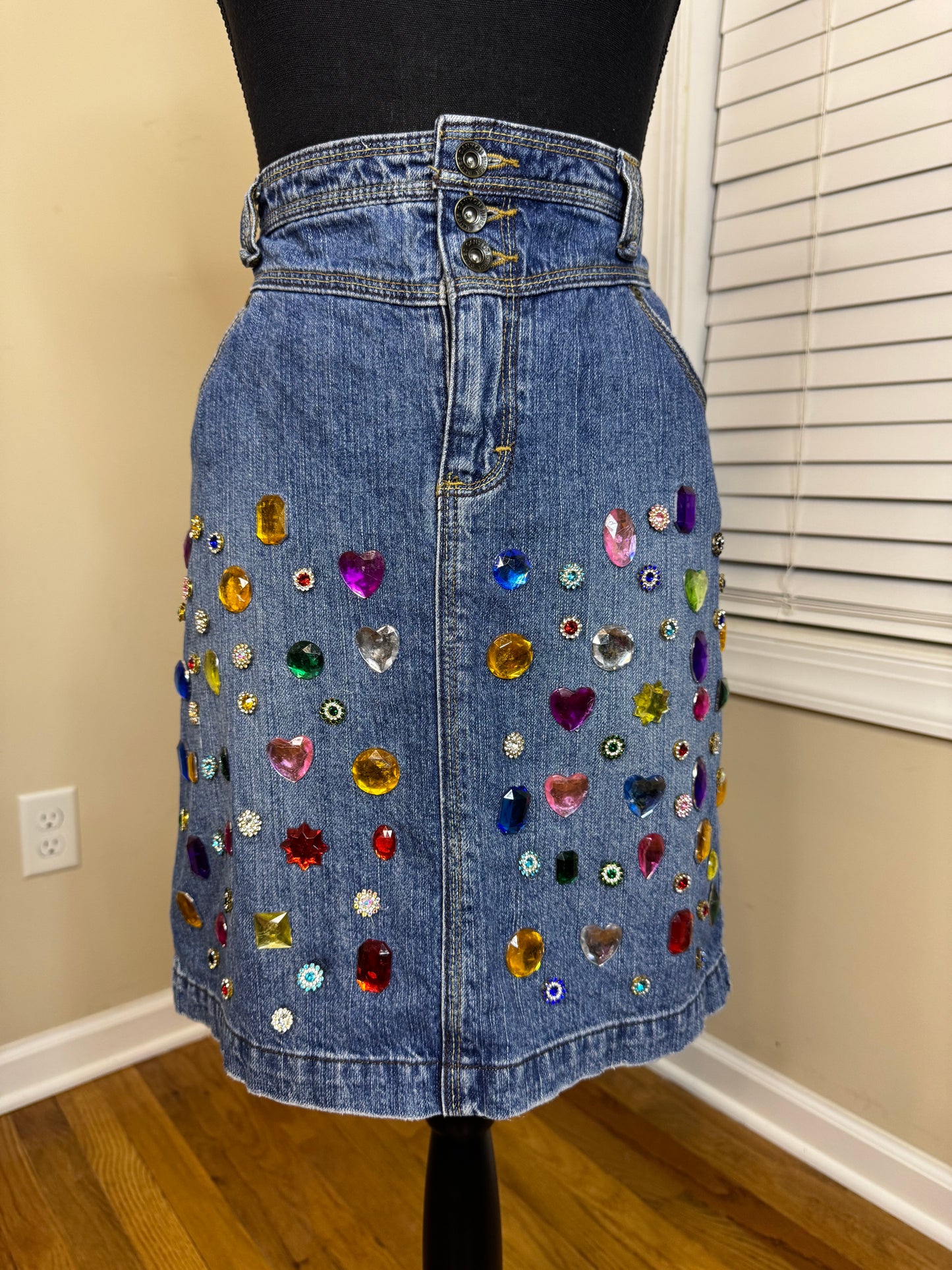 Canyon River Blues Upcycled Bejeweled Denim Skirt