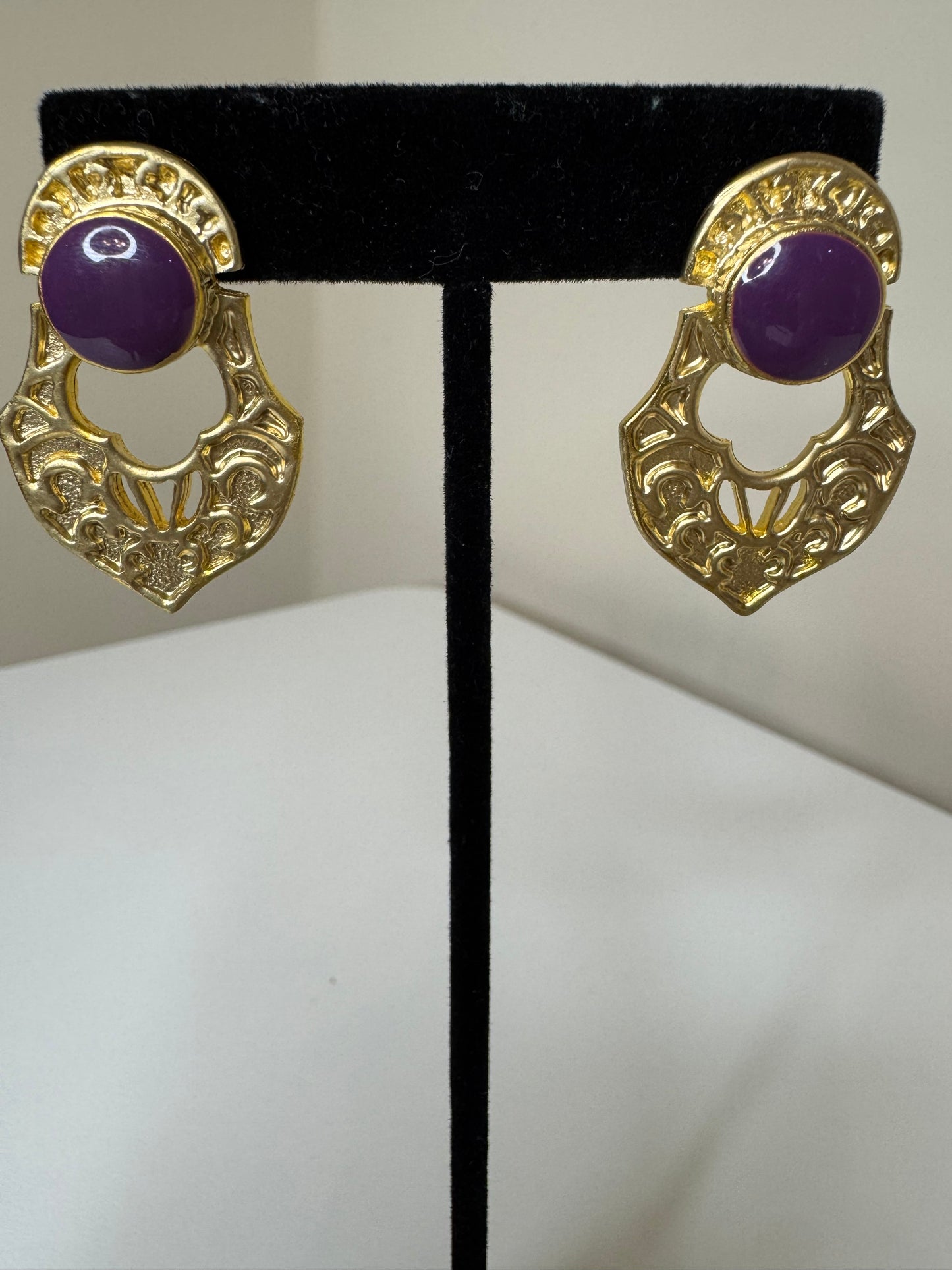 Vintage Gold Tone Pierced Earrings with Purple Accents