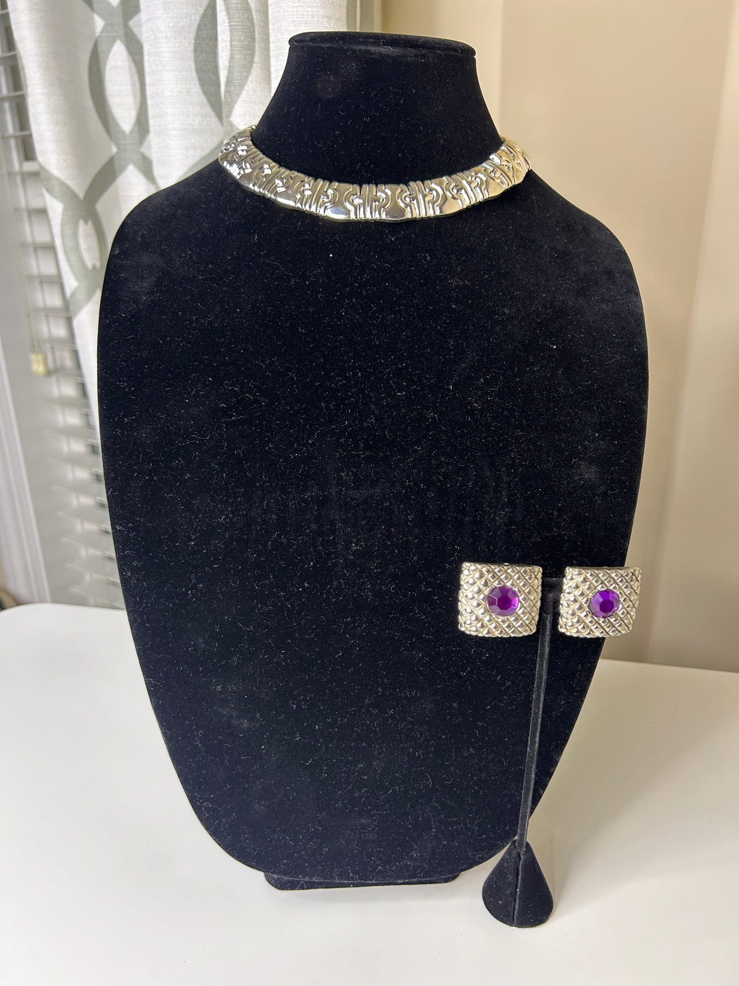 Silver Tone Necklace with Vintage Purple Bejeweled Clip-Ons
