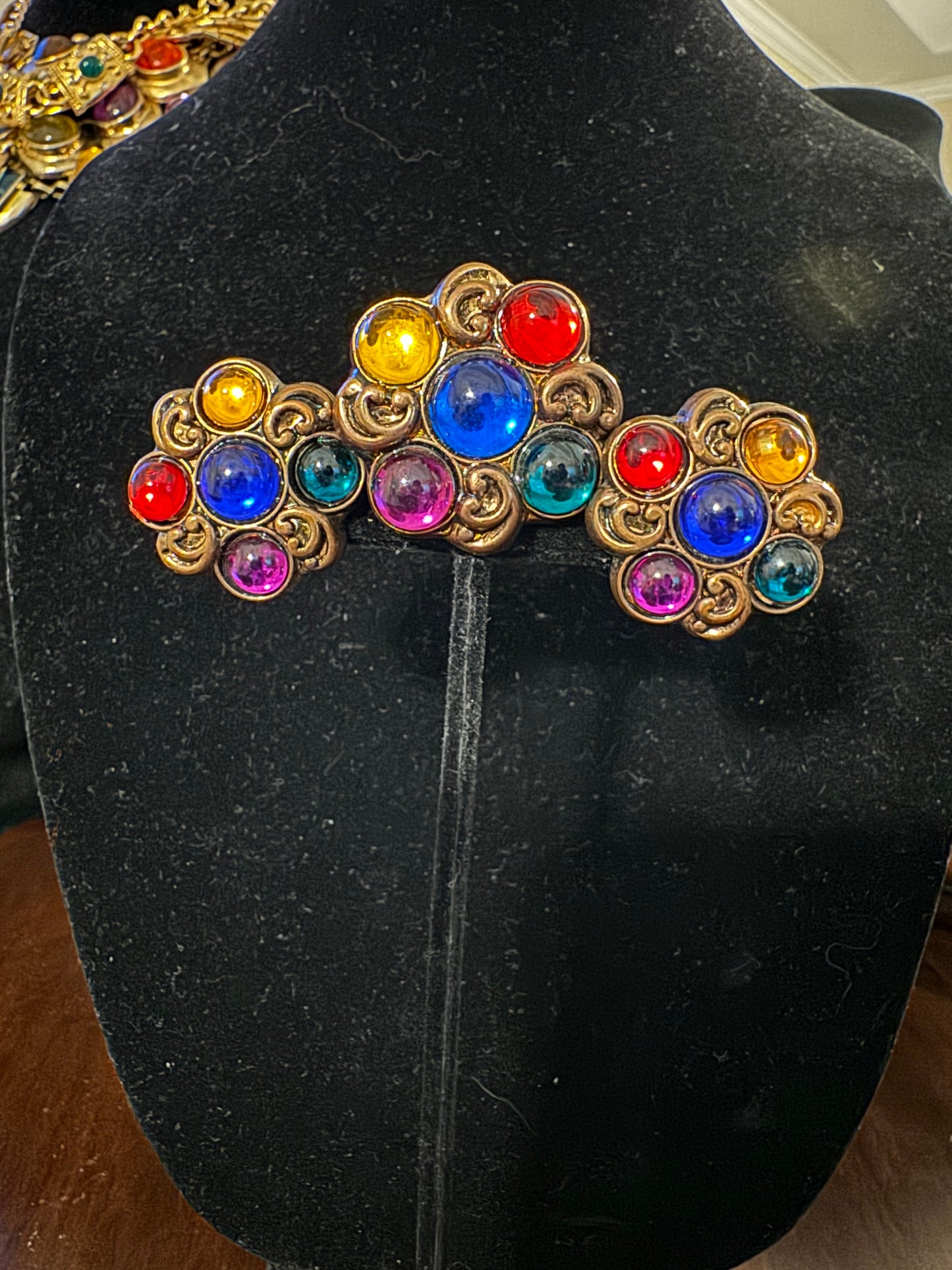 90s Jewel Tone Pierced Vintage Earring and Brooch Set