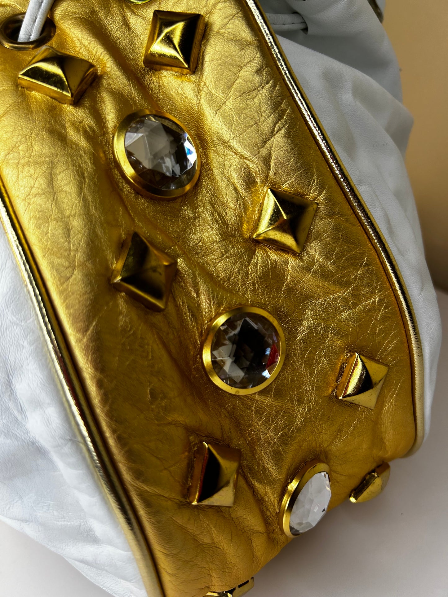 White Bejeweled Bucket Bag