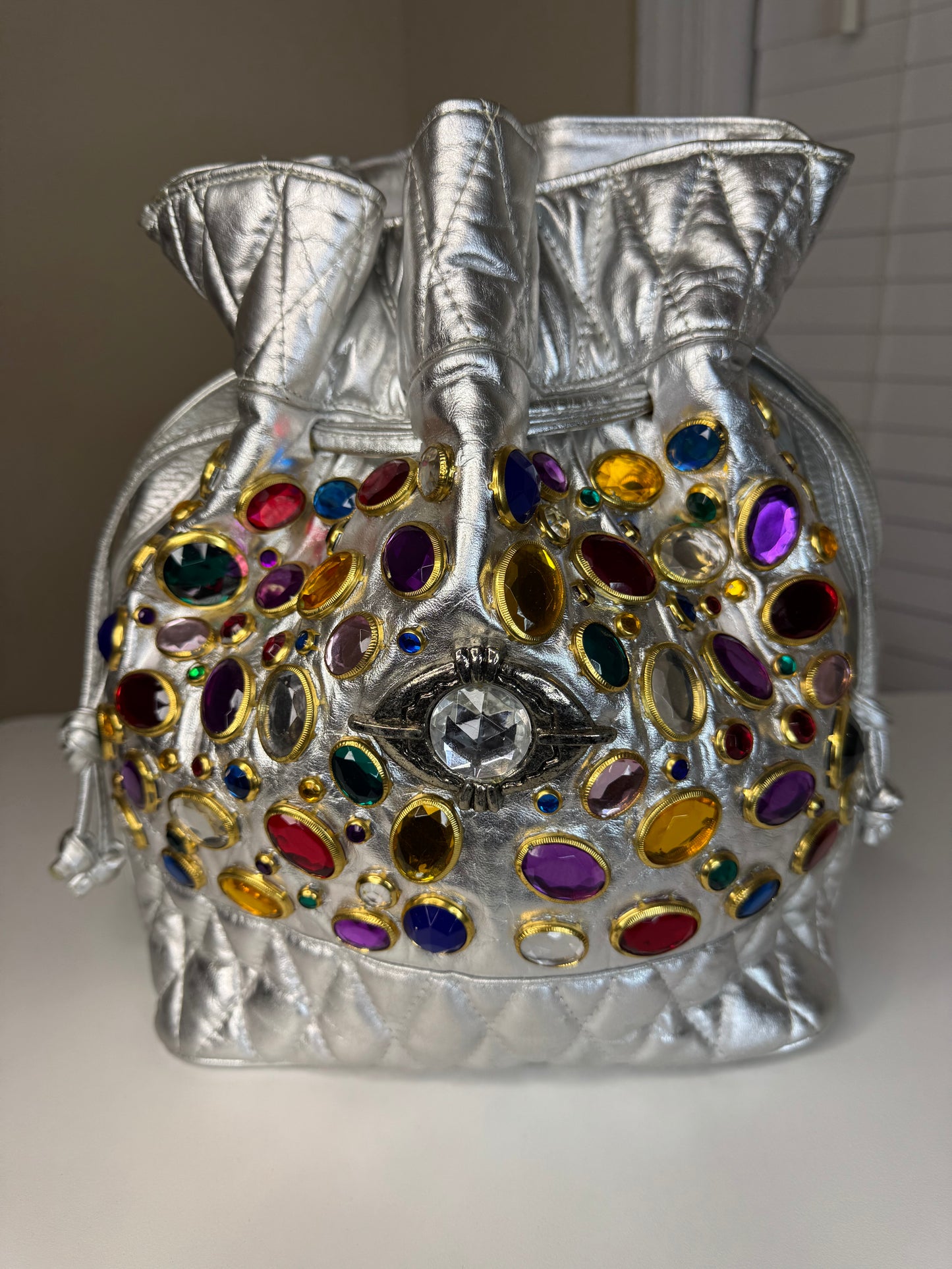 Metallic Bejeweled Vintage Bucket Bag