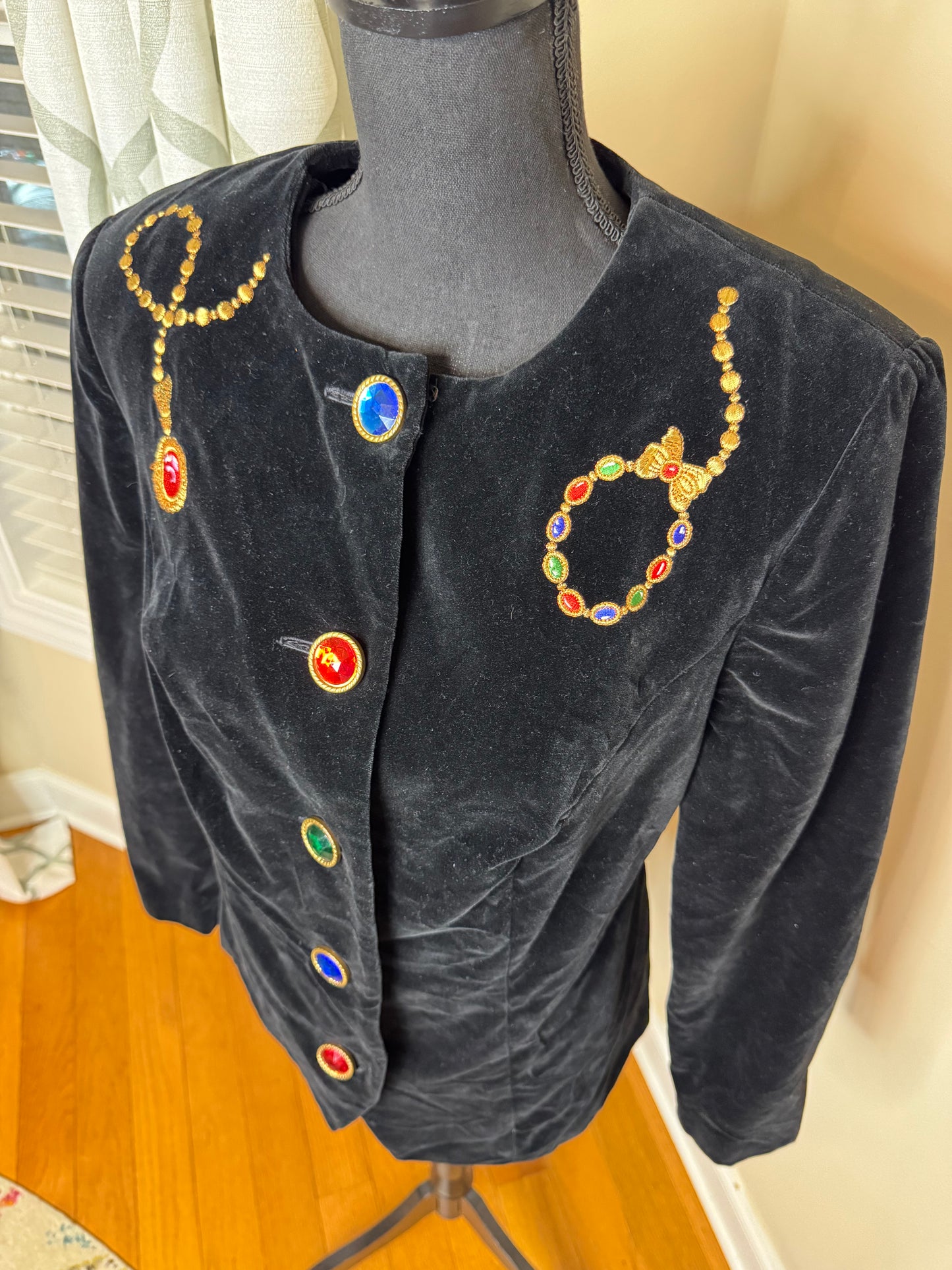Leslie Faye Velour Embroidered and Bejeweled Button Blazer