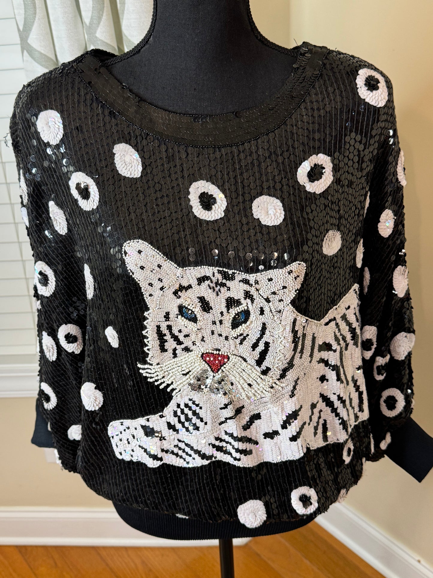 Vintage MODI Sequin White Tiger Dolman Sleeve Top