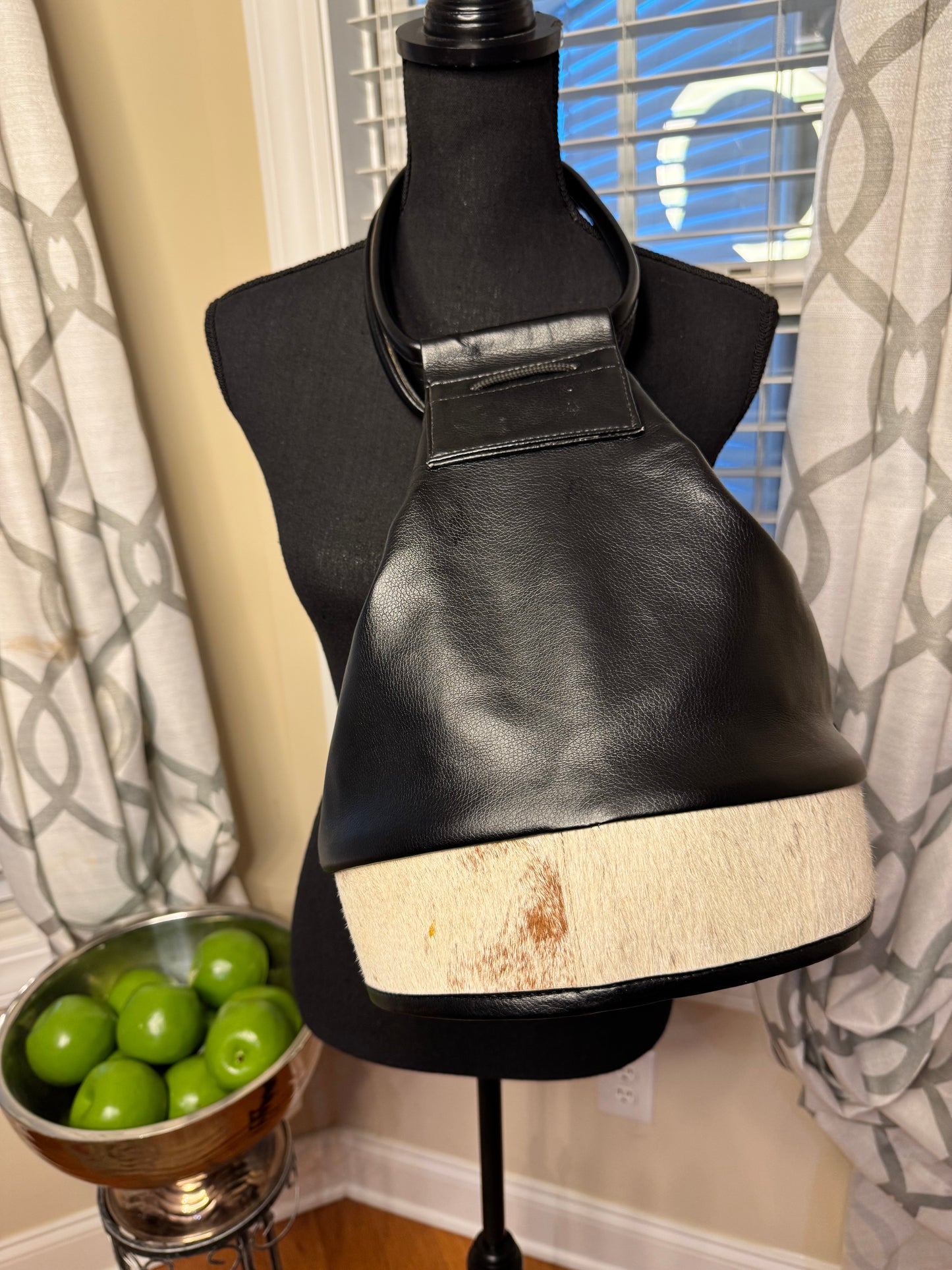 Black Faux Leather Handbag with Mohair Trim