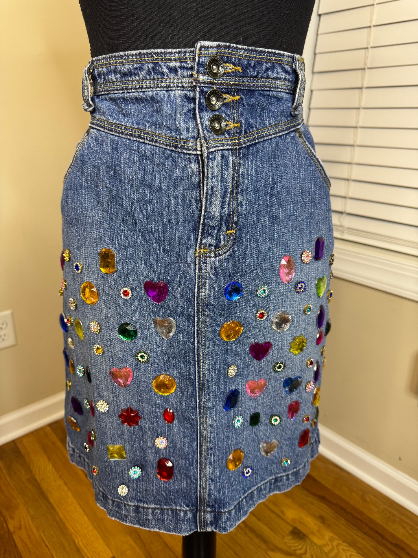 Canyon River Blues Upcycled Bejeweled Denim Skirt