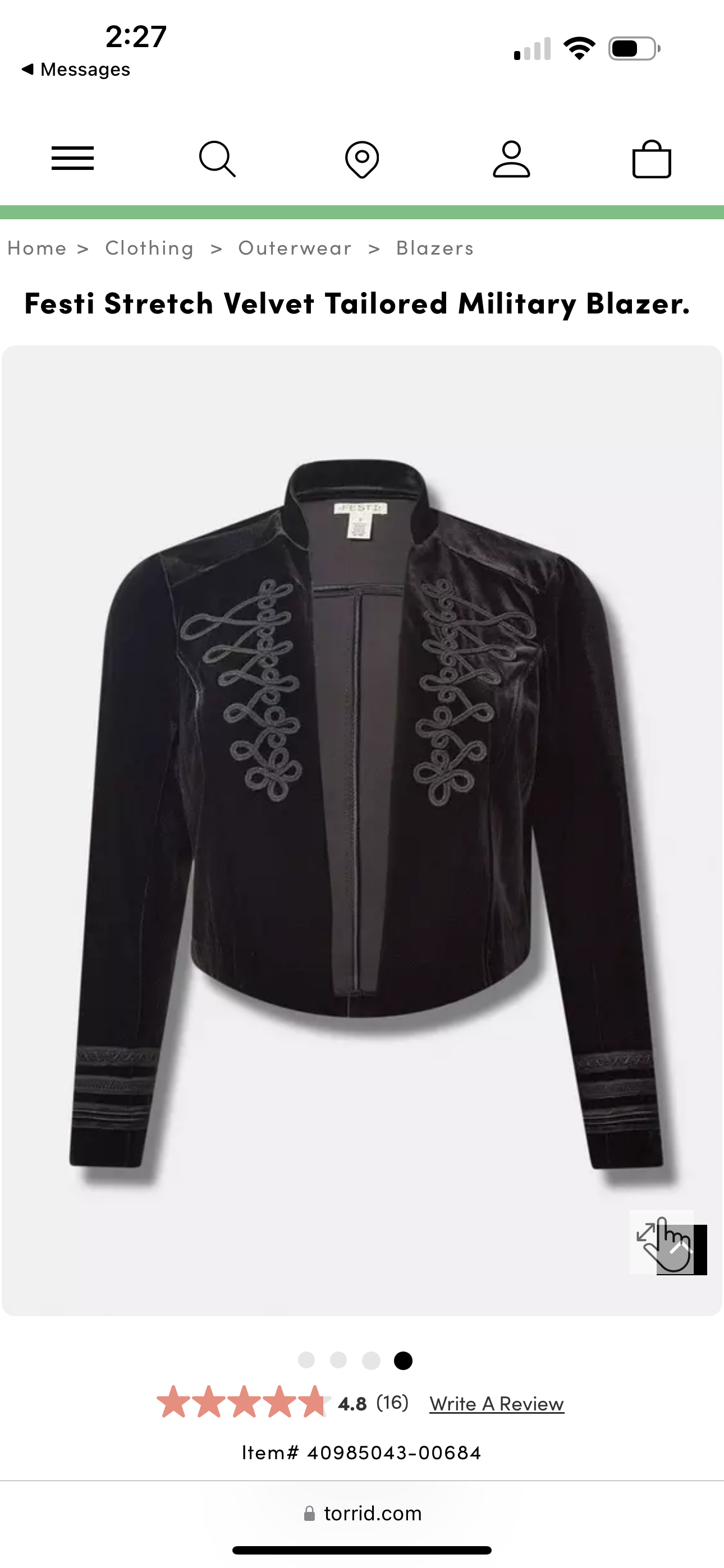 Festi Stretch Velvet Tailored Military Blazer by Torrid