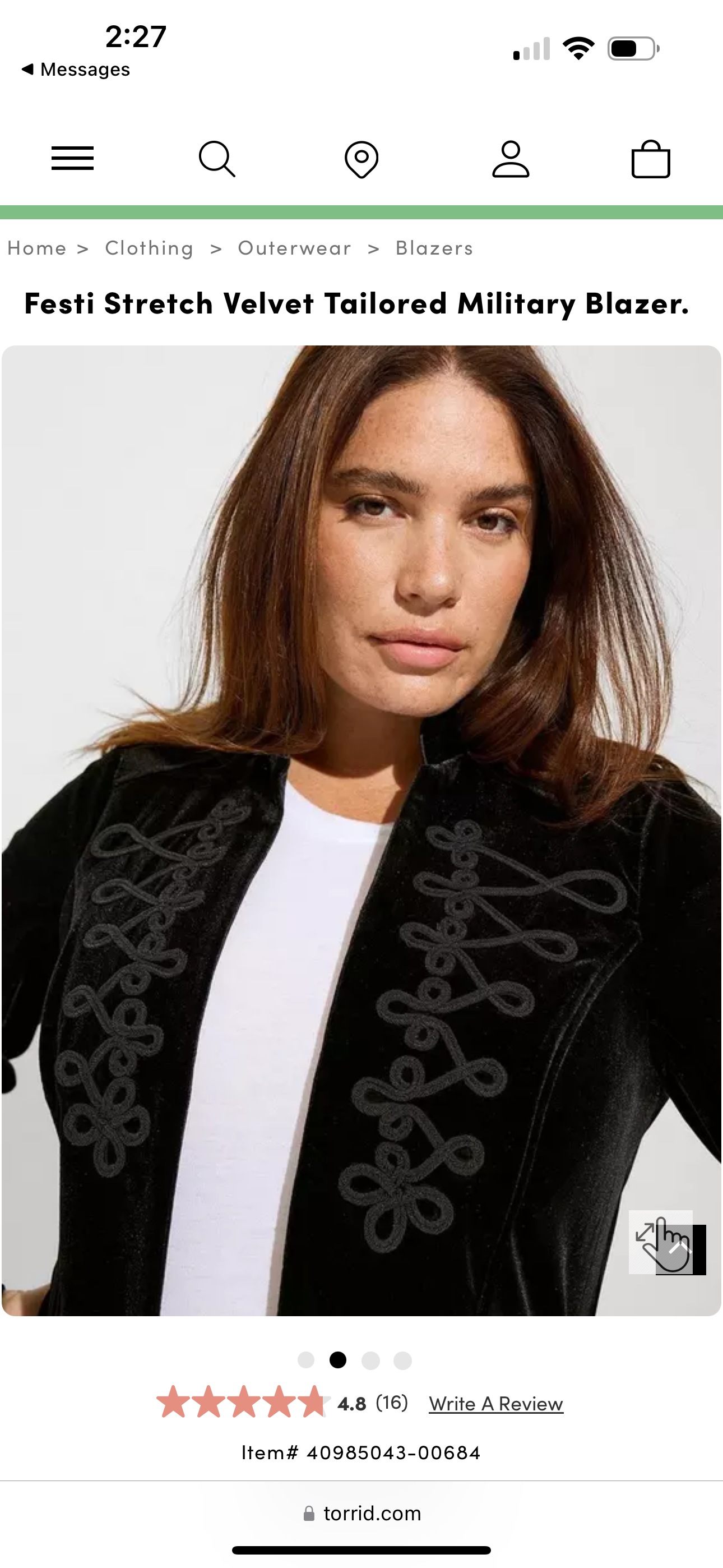 Festi Stretch Velvet Tailored Military Blazer by Torrid