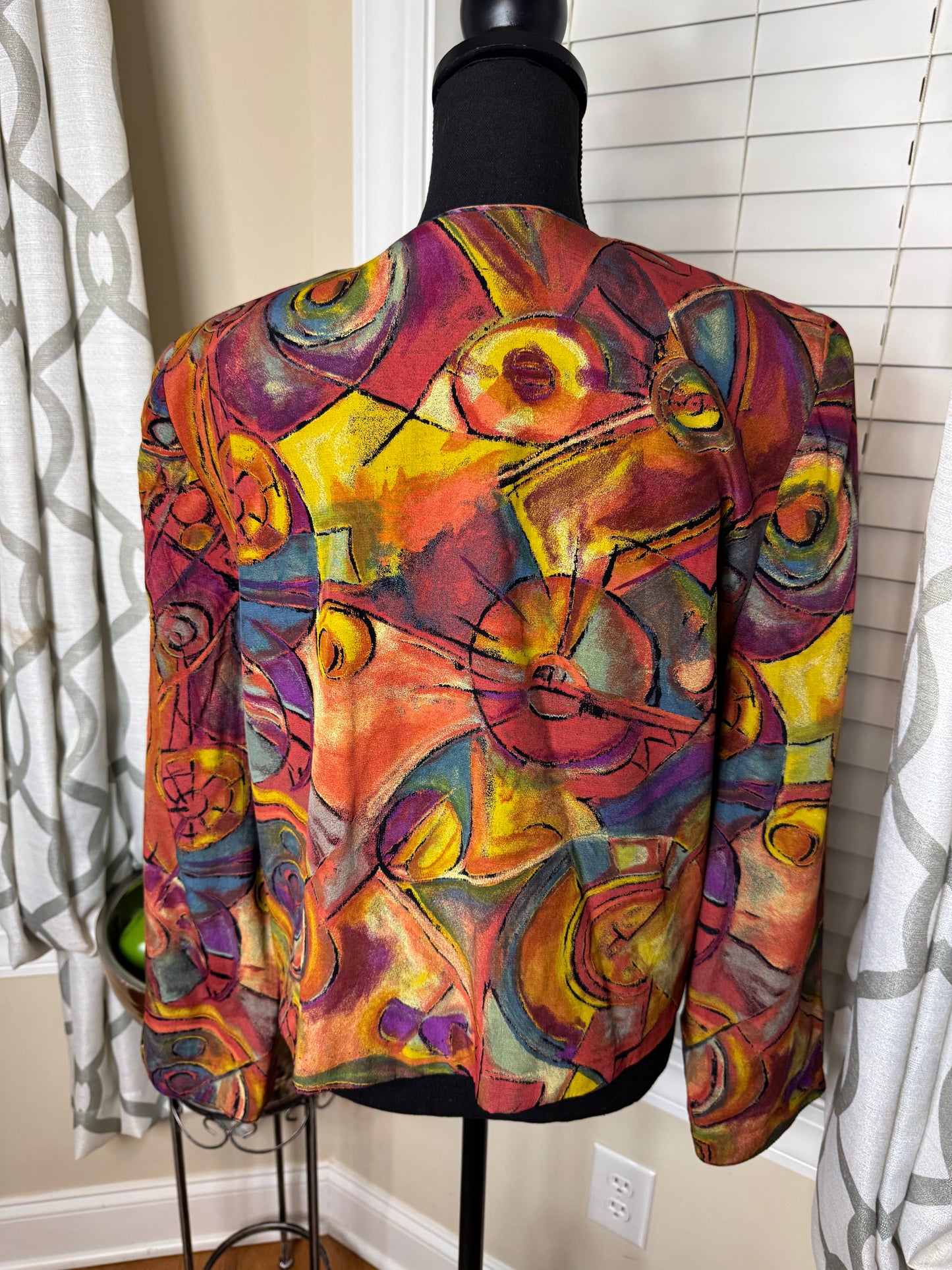 Vintage Abstract Print Cropped Open Blazer