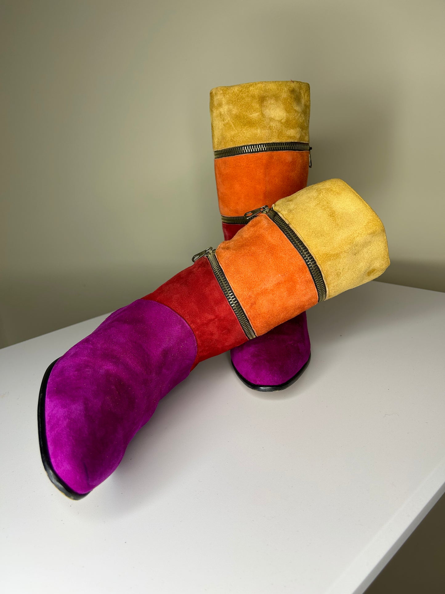 80s Vaneli Italian Colorblock Tall Suede Leather Boots