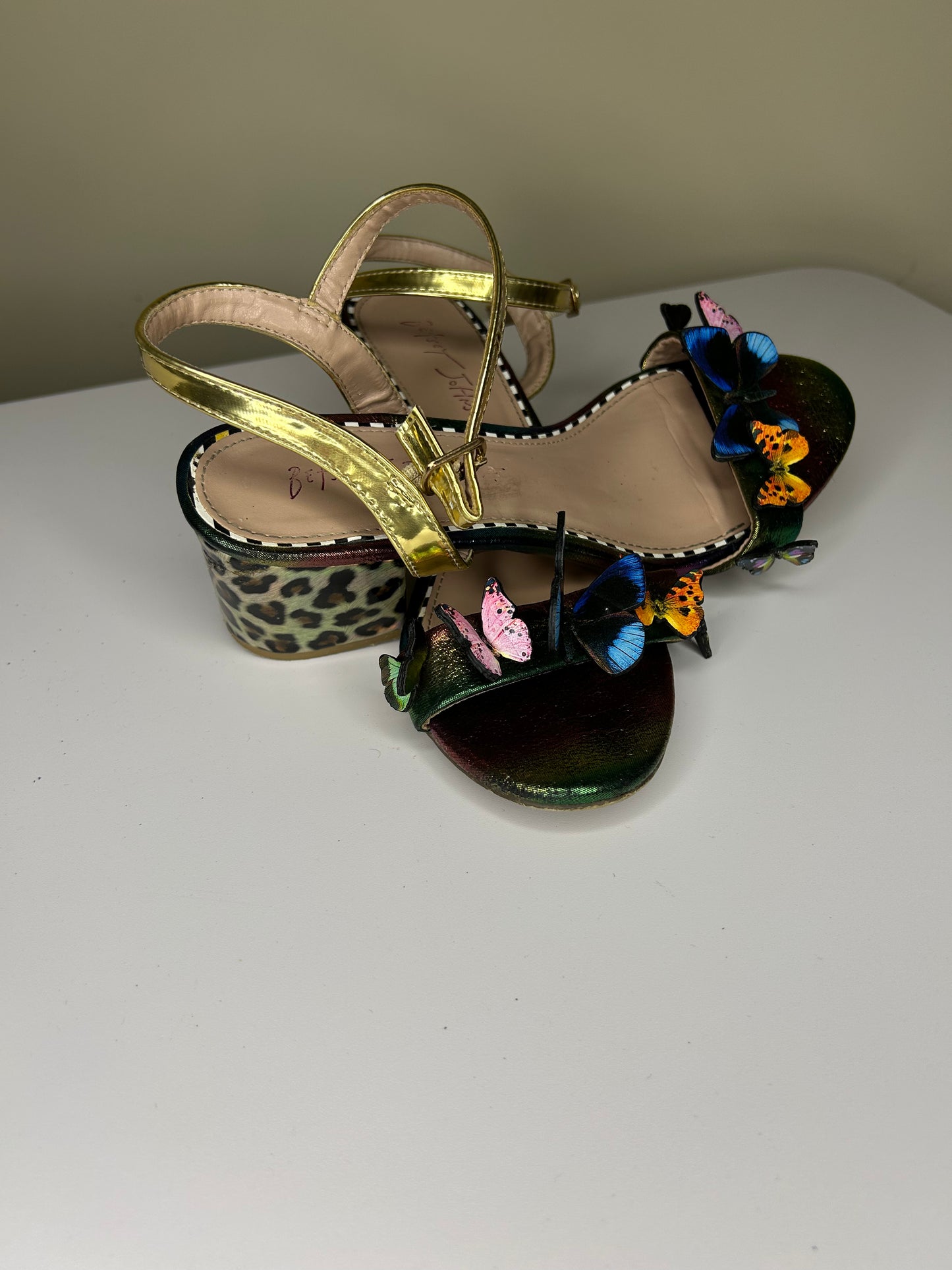 Betsey Johnson Butterfly Strap Leopard Print Heel Sandals