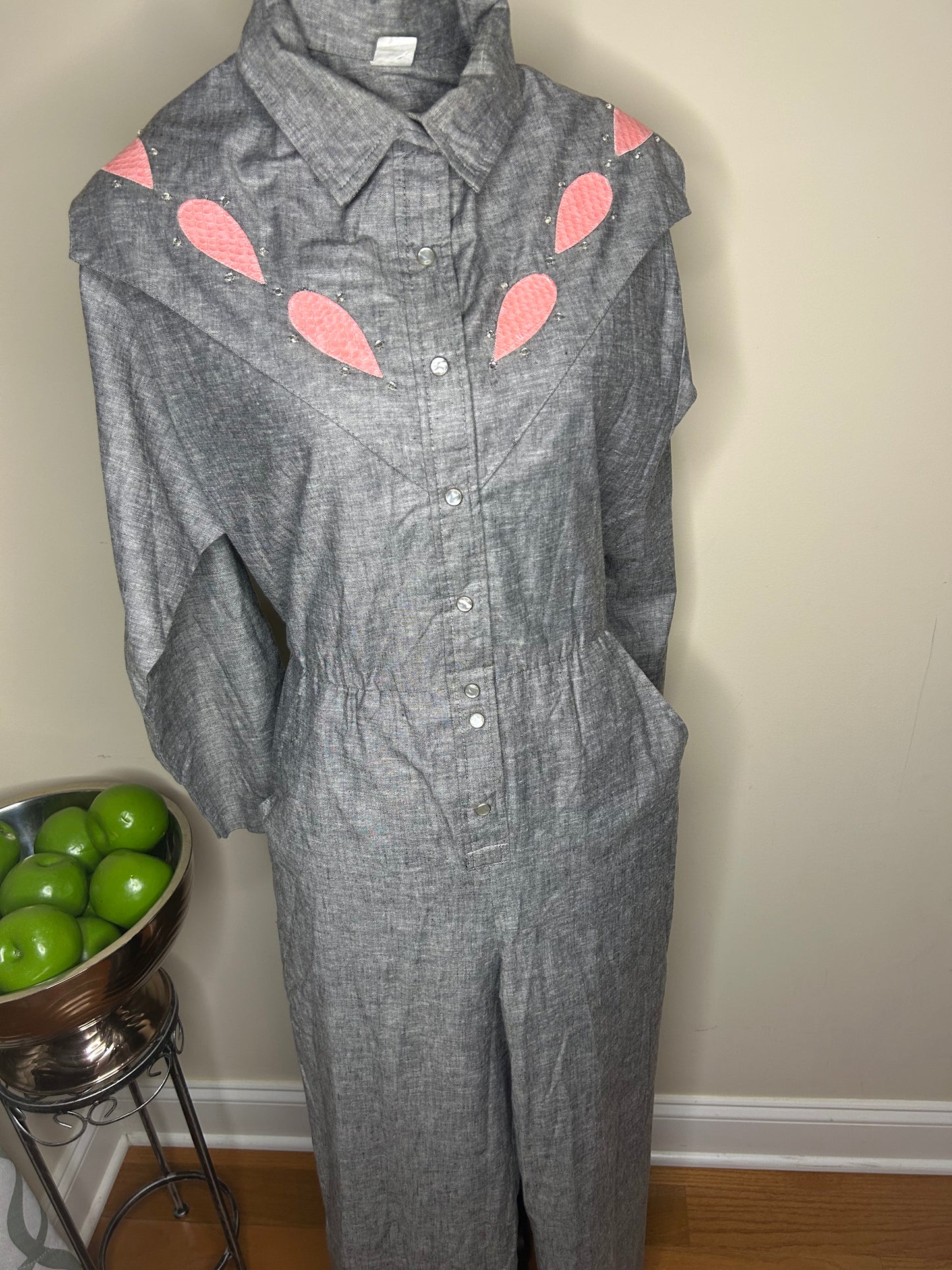 Vintage 80s Black/White Cross-Dye Jumpsuit w/ Pink Leather Snakeskin and Rhinestone