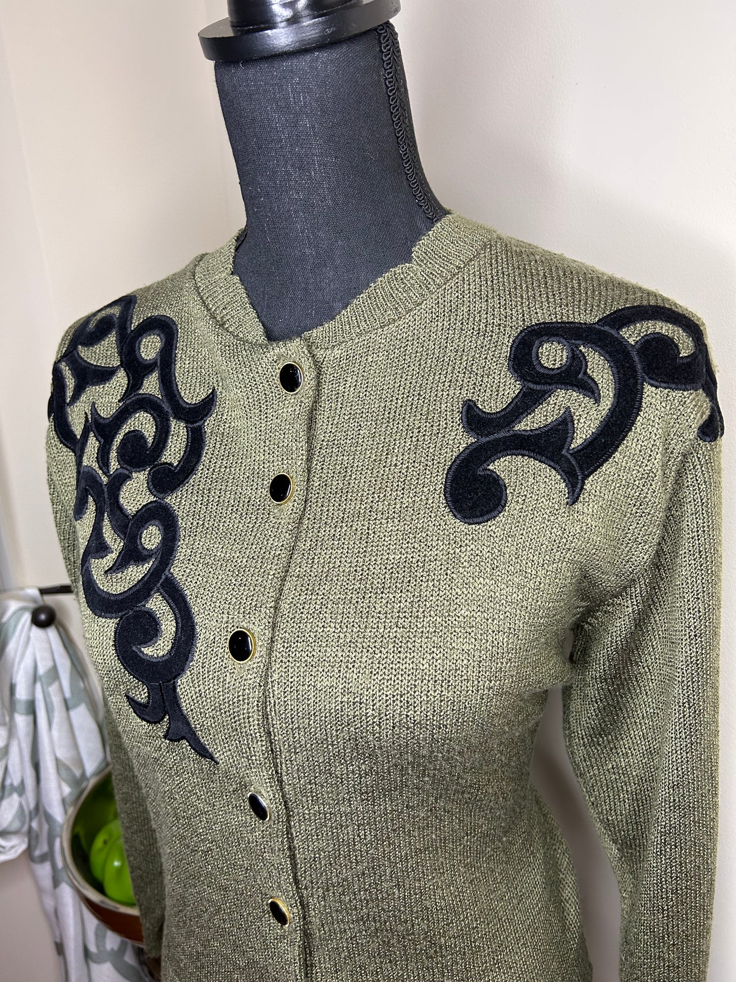 Andrea Gayle Olive Sweater w/ Black Embroidery