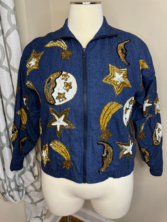 MODI Denim Moon and Stars Sequin Bomber (Oversized)