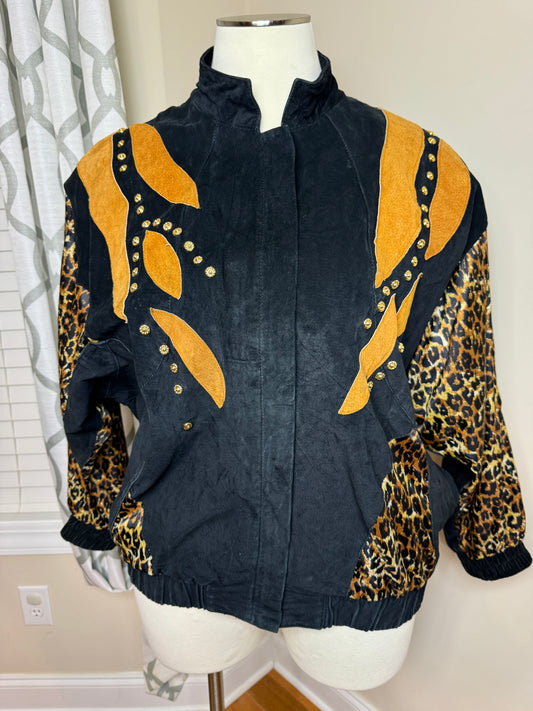Vintage Animal Print Leather Jacket with Gold Grommets