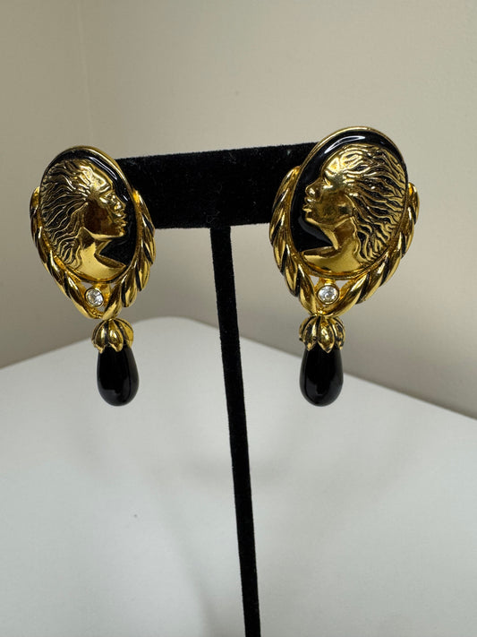 Vintage Coreen Simpson Woman Cameo Pierced Dangle Enamel Earrings