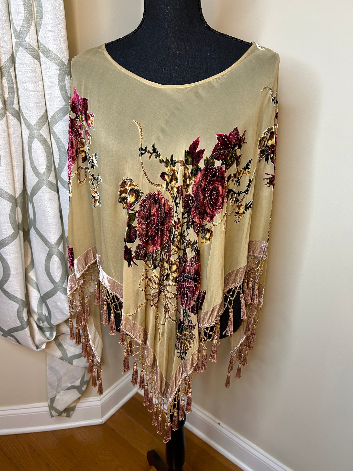 Cache Embroidered and Beaded Poncho with Sequin Tassels