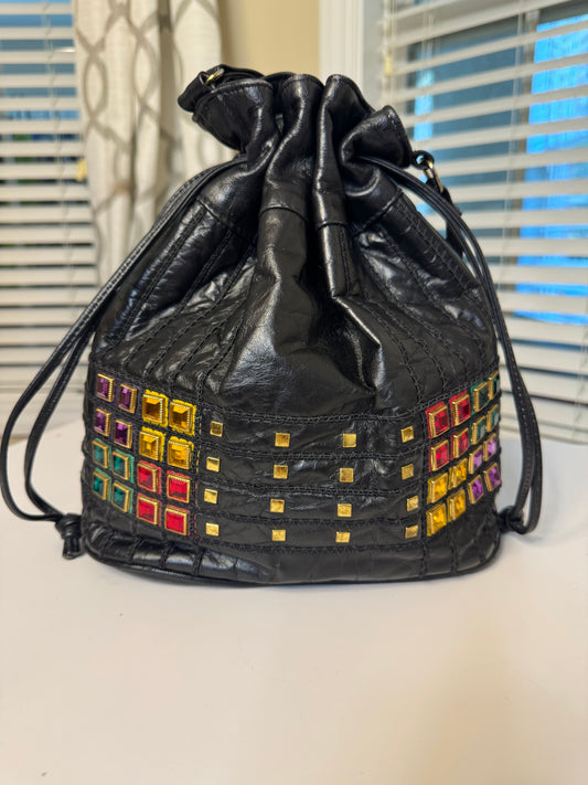 Genuine Leather Vintage Bejeweled Bucket Bag