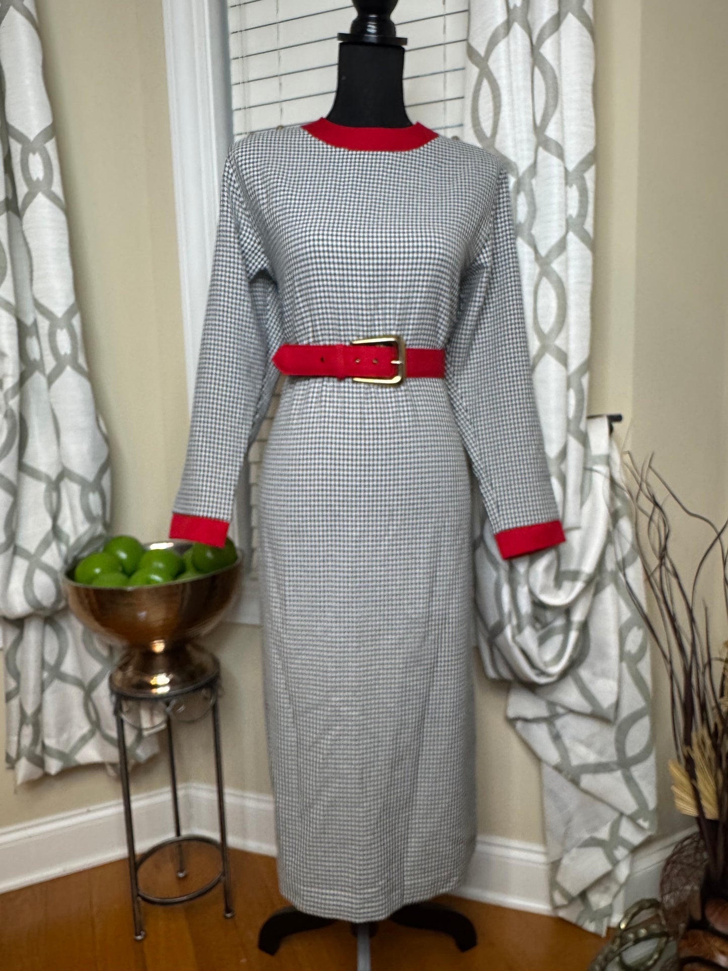 Vintage Houndstooth Belted Dress with Red Adornments and Gold Accent Buttons