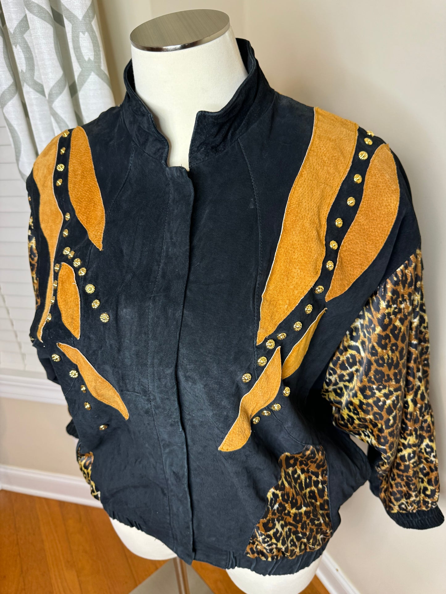 Vintage Animal Print Leather Jacket with Gold Grommets