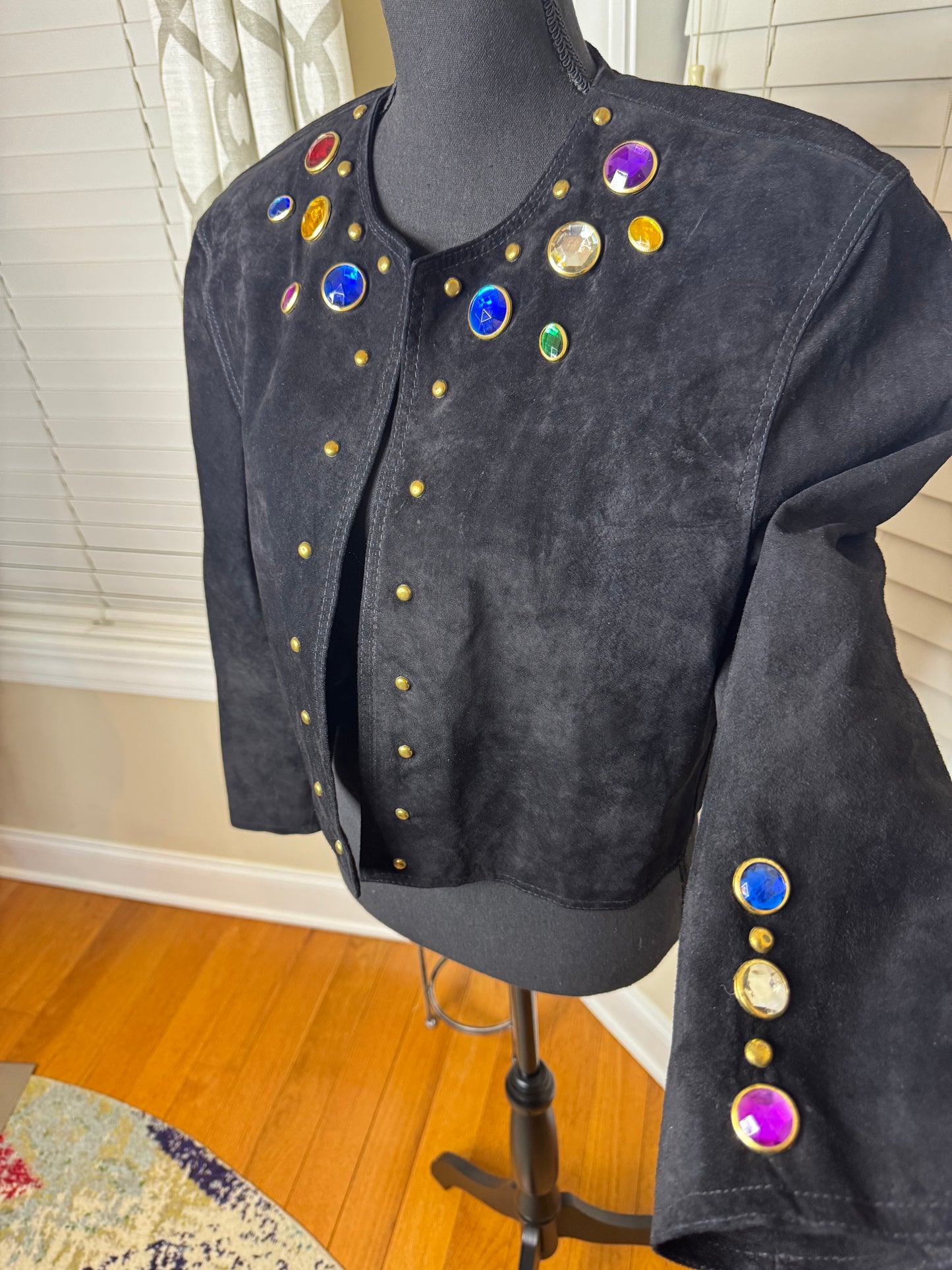 80s Vintage Bejeweled Suede Cropped Open Blazer (Fully Lined)