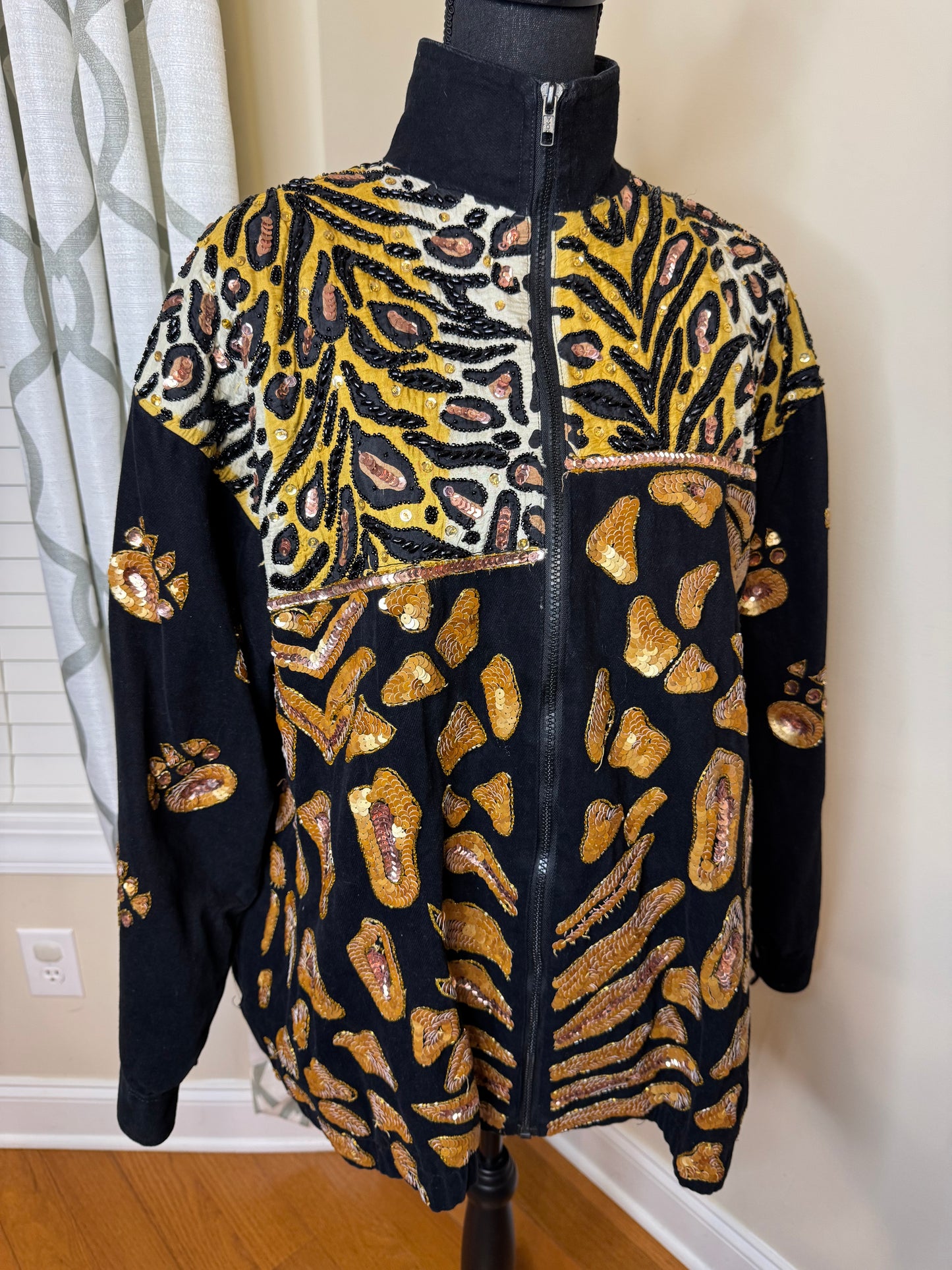 Vtg MODI Sequin and Animal Print Denim Jacket