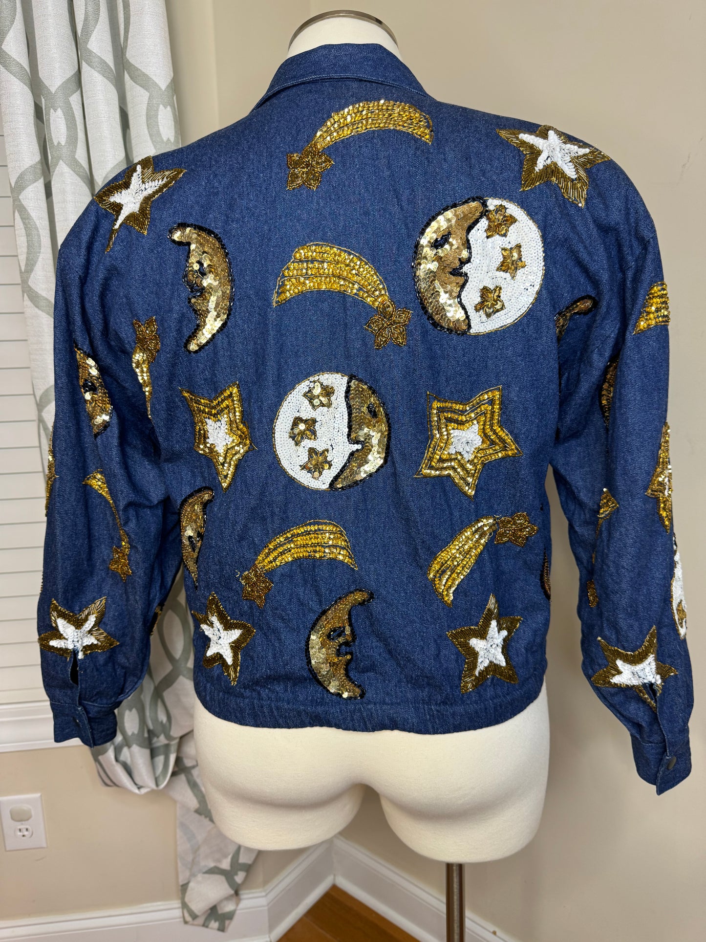 MODI Denim Moon and Stars Sequin Bomber (Oversized)
