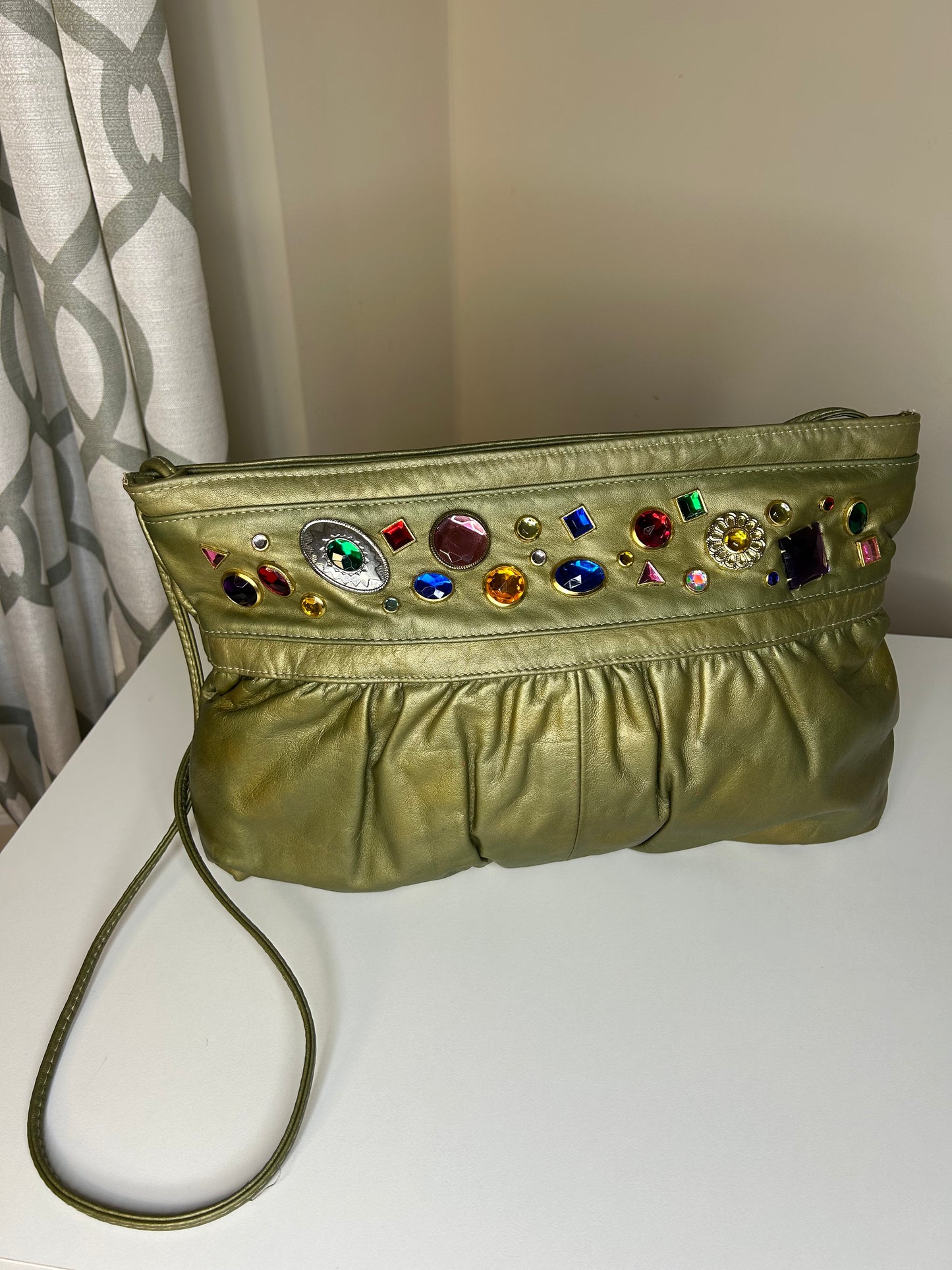 La Pa-Pe Genuine Leather Jeweled Metallic Clutch