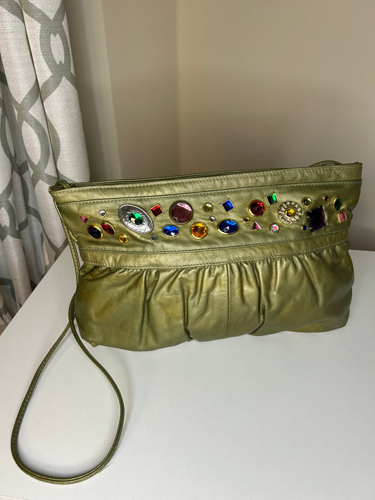 La Pa-Pe Genuine Leather Jeweled Metallic Clutch