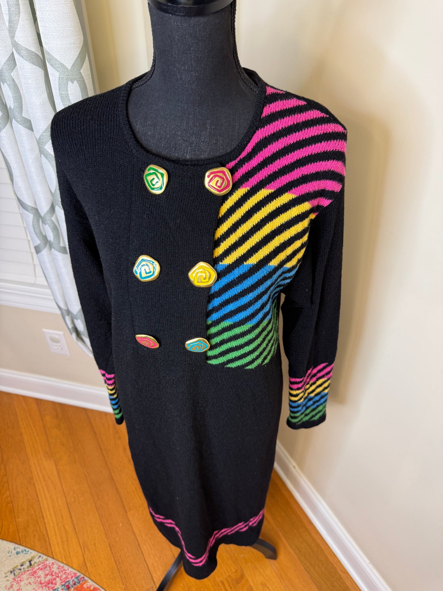 Vtg 80s Striped Sweater Dress with Accent Buttons