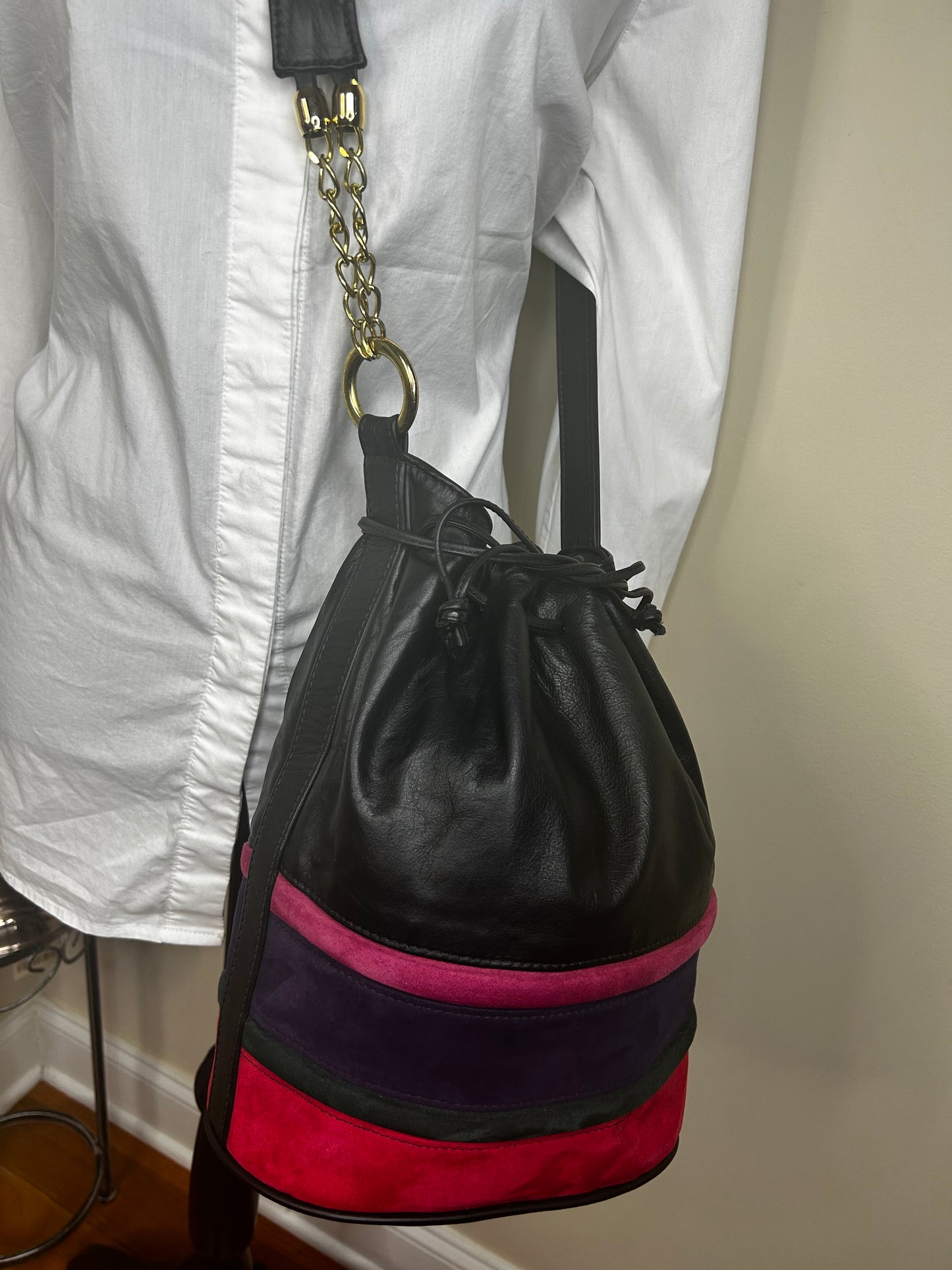 Genuine Leather Colorblock Purse with Drawstring Closure