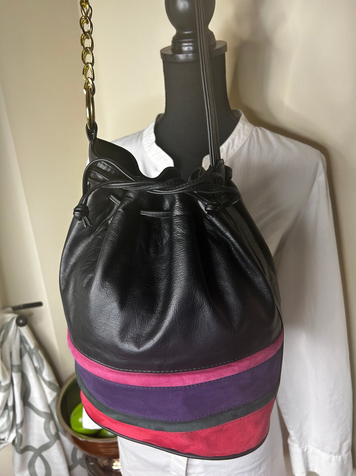 Genuine Leather Colorblock Purse with Drawstring Closure