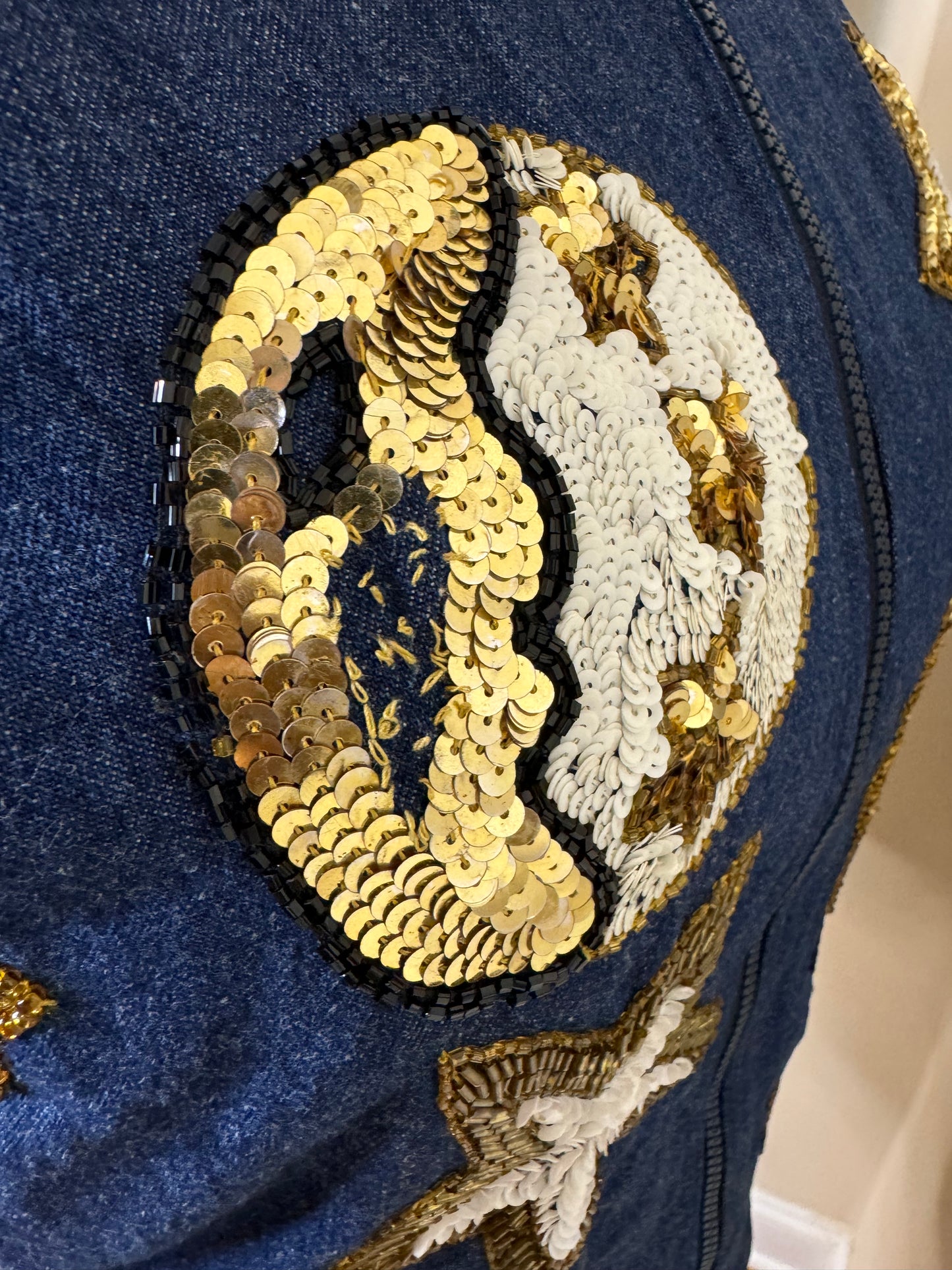 MODI Denim Moon and Stars Sequin Bomber (Oversized)