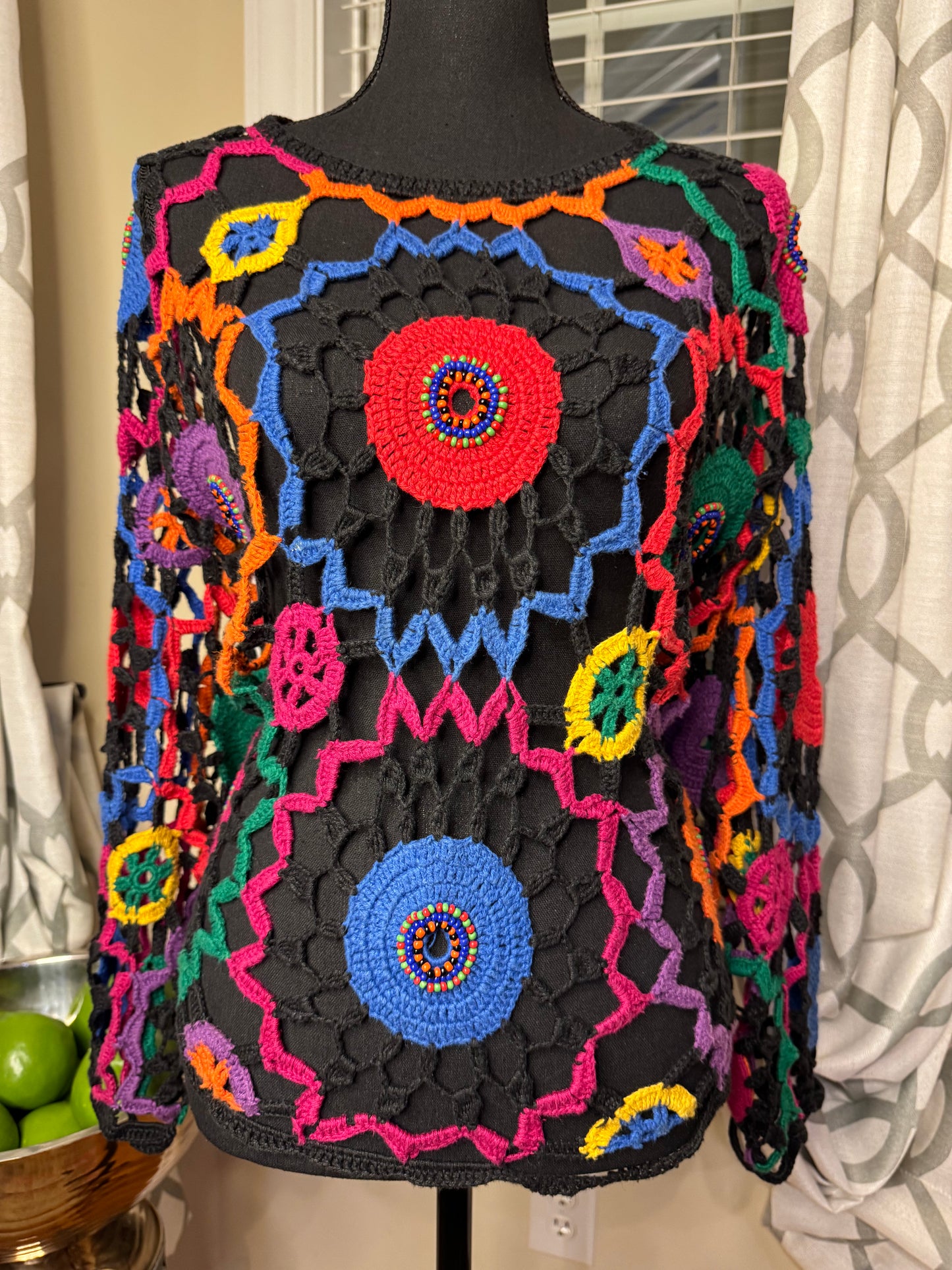 Vtg MY Beaded and Crochet Boho Sweater