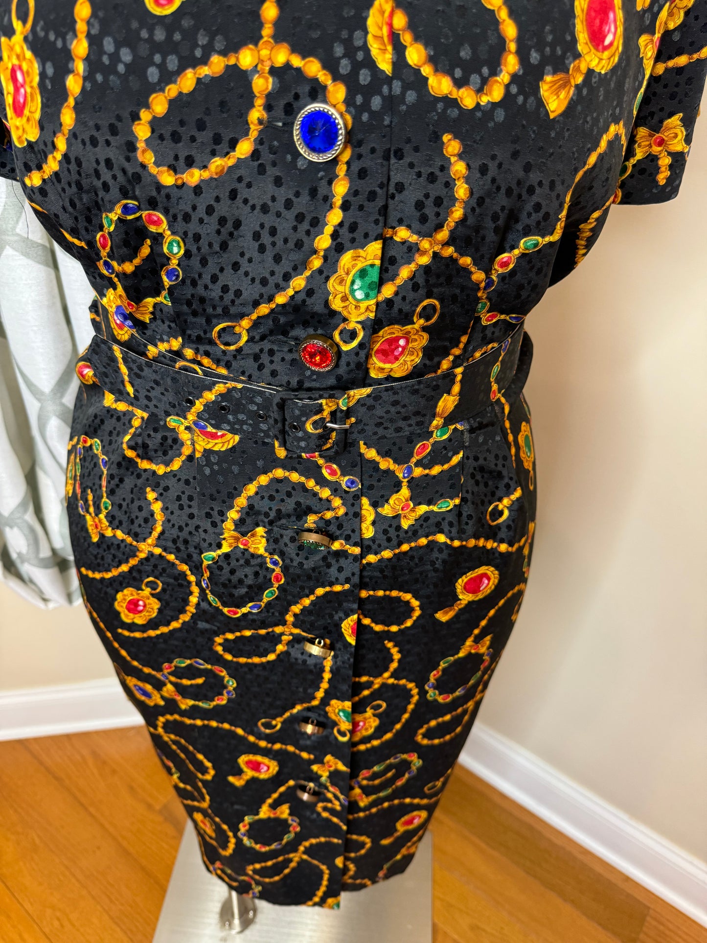 Vintage Leslie Faye Jeweled Button Dress with Matching Belt