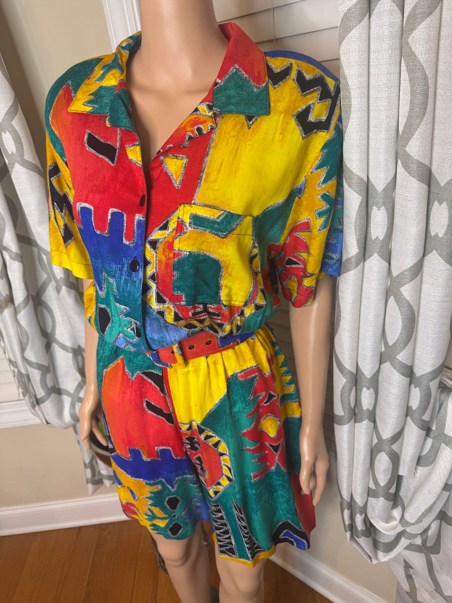 Caliche' Abstract Print Shorts Romper with Belt