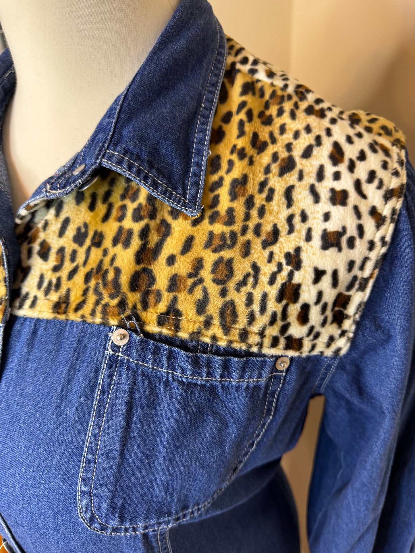 Baccini Vintage Animal Print Trimmed Denim Dress