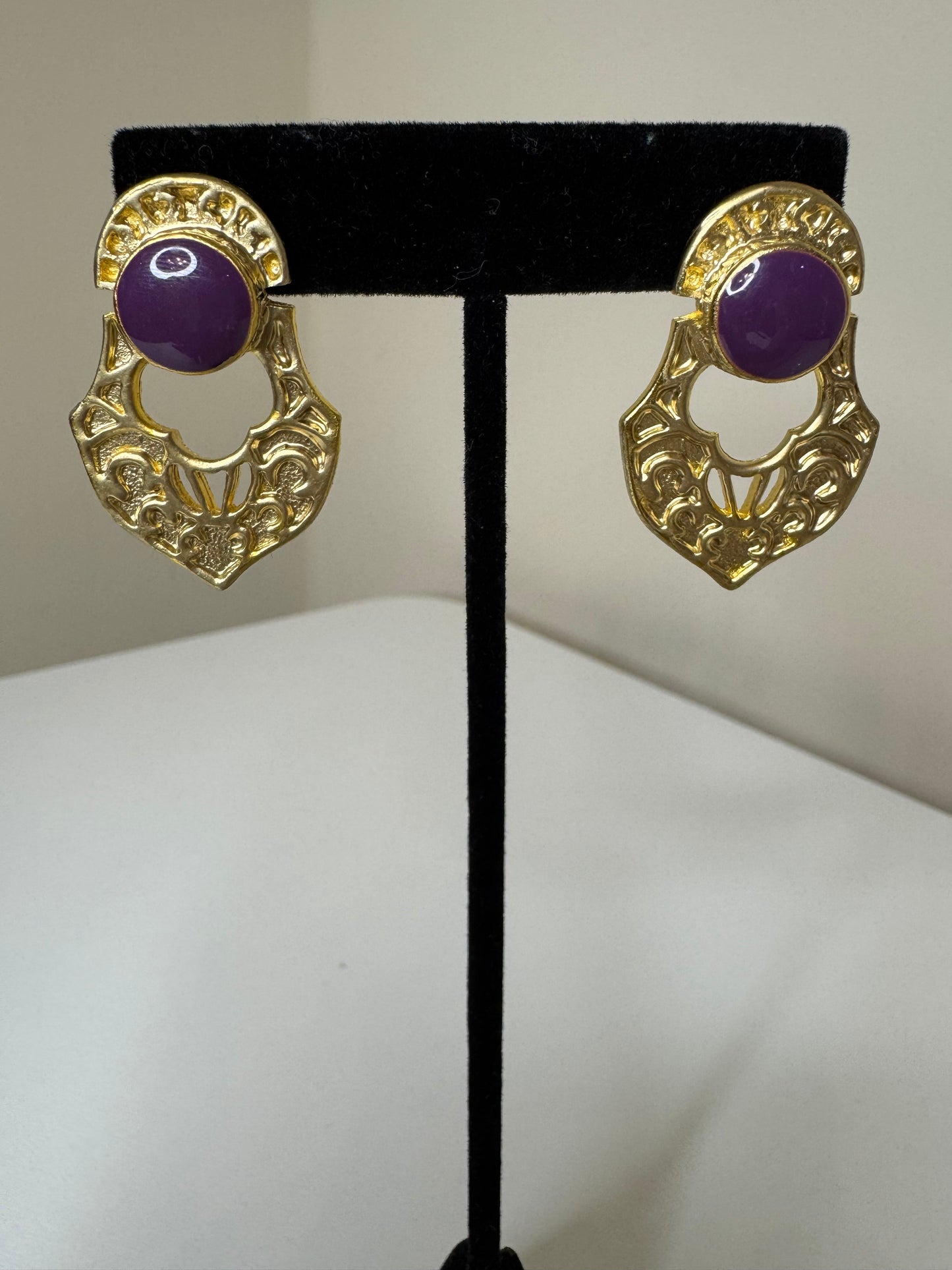 Vintage Gold Tone Pierced Earrings with Purple Accents